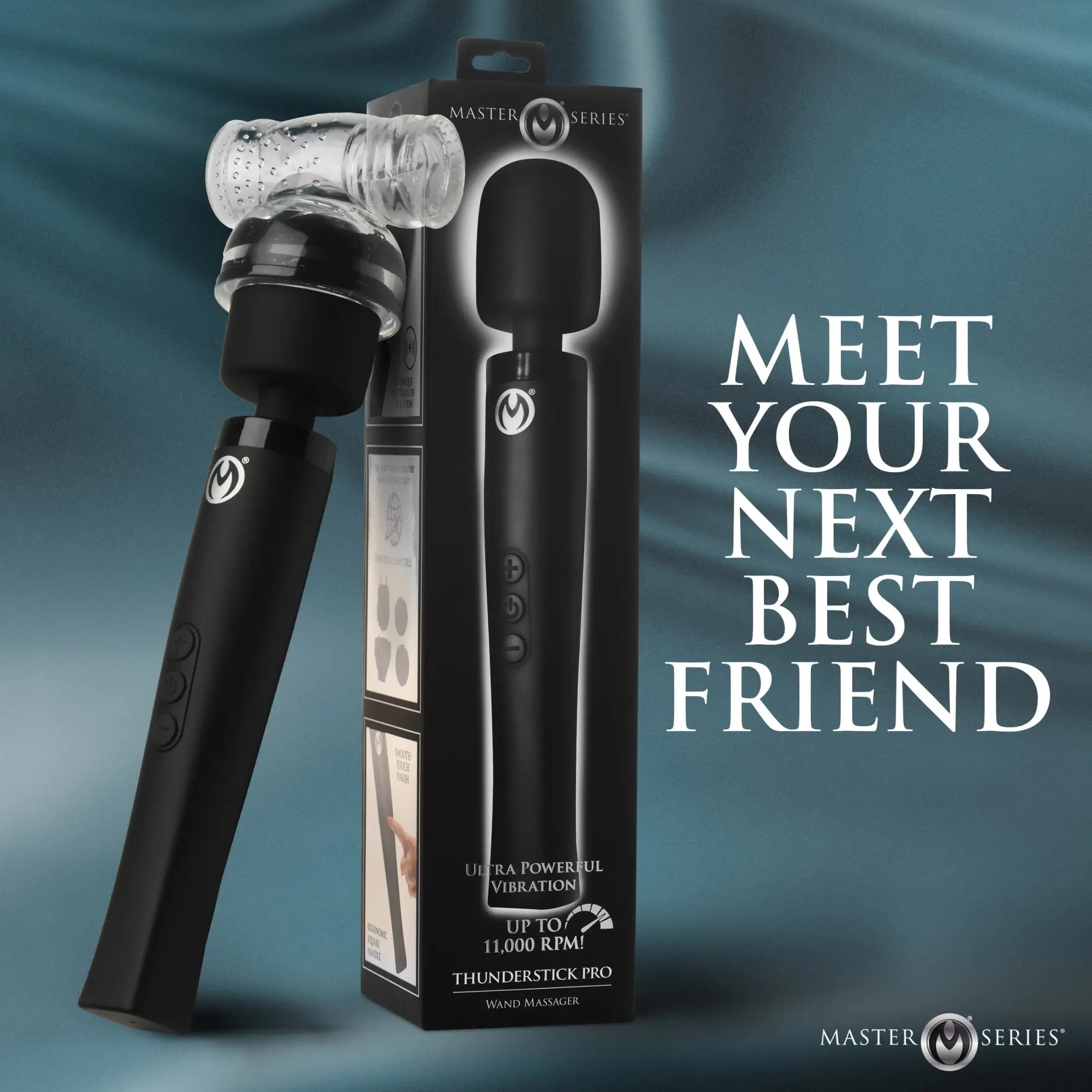 Master Series Thunderstick Pro: A black wand massager with a clear textured attachment, shown next to its product box.