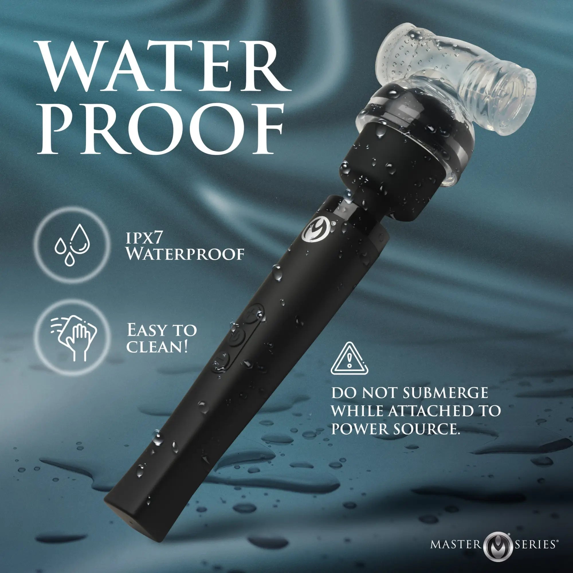 Master Series Thunderstick Pro, a sleek black handheld device with a clear silicone attachment, covered in water drops.