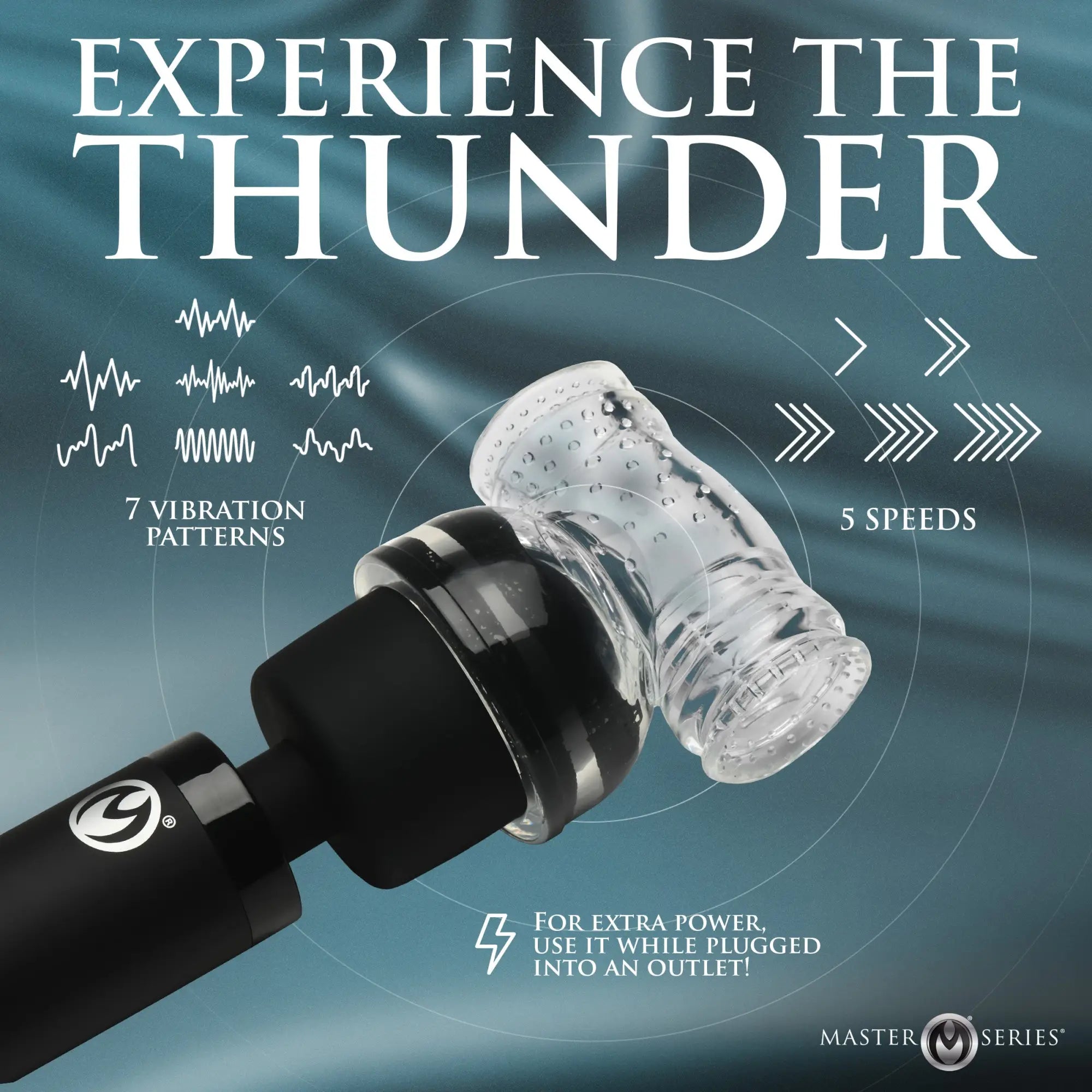Master Series Thunderstick Pro: A black vibrating device with a clear, textured silicone attachment on a teal background.