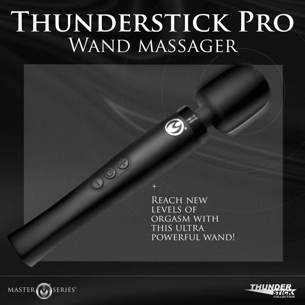 Master Series Thunderstick Pro: A sleek, black silicone wand massager featuring a circular head and control buttons.