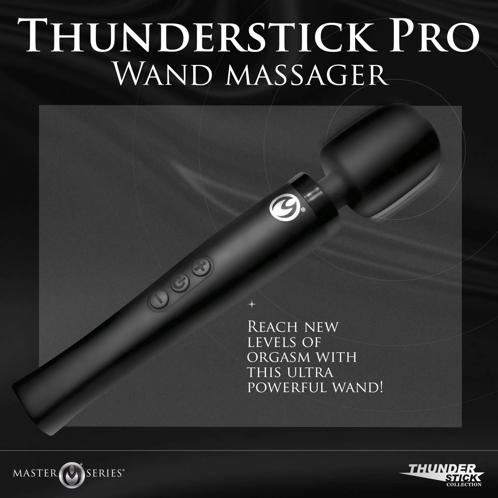 Master Series Thunderstick Pro: A sleek, black silicone wand massager featuring a circular head and control buttons.