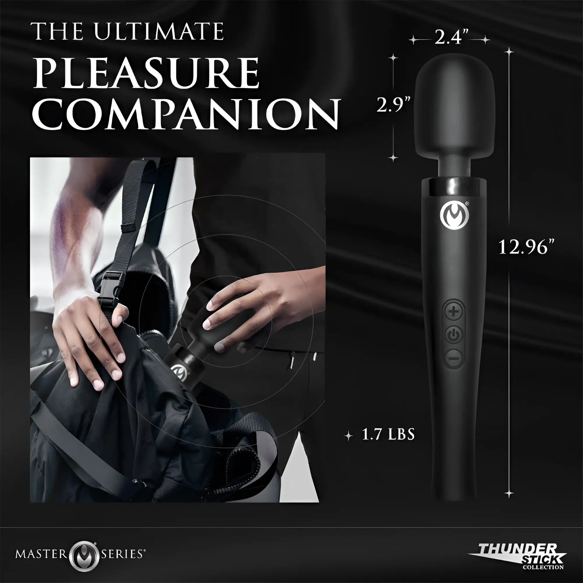 Black Master Series Thunderstick Pro silicone wand massager with measurements shown against a dark, lifestyle background.