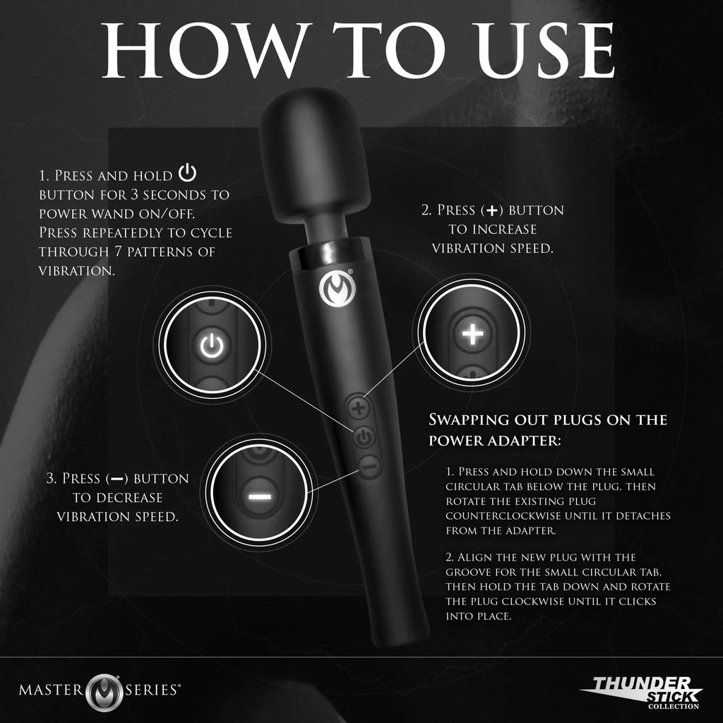 Instructional graphic for the black Master Series Thunderstick Pro silicone wand massager showing button functions.