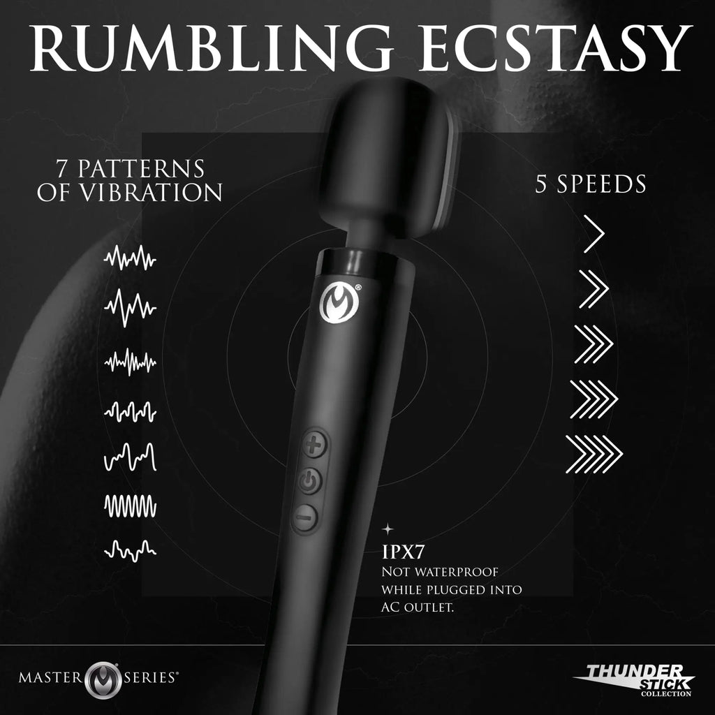 Black Master Series Thunderstick Pro silicone wand massager featuring 7 vibration patterns and 5 speed settings.