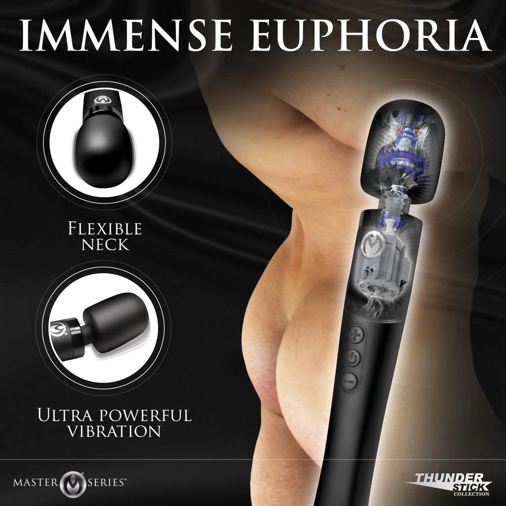 Master Series Thunderstick Pro: Black silicone wand massager featuring an internal motor view and flexible neck design.