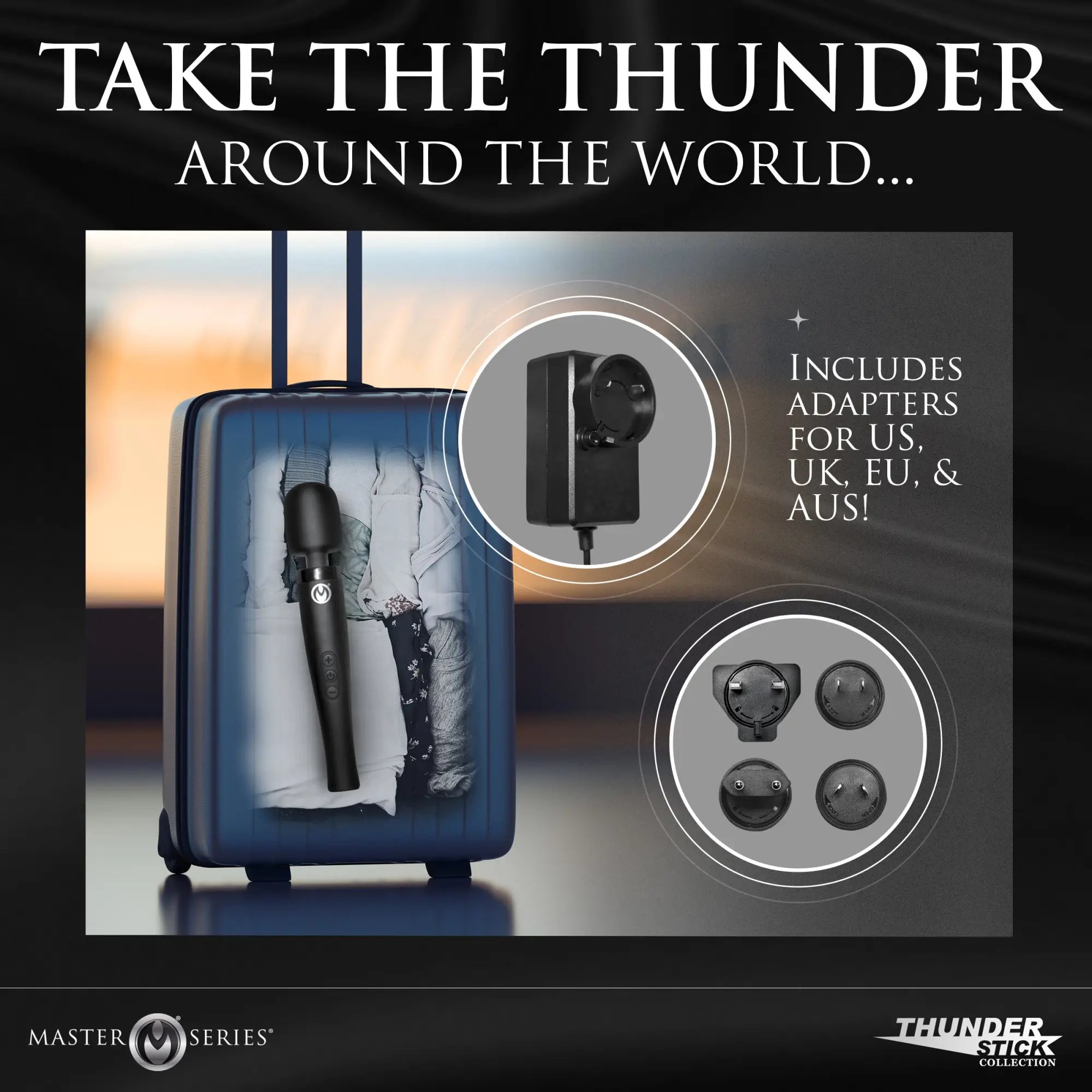 Black Master Series Thunderstick Pro silicone wand massager shown inside a suitcase with international power adapters.