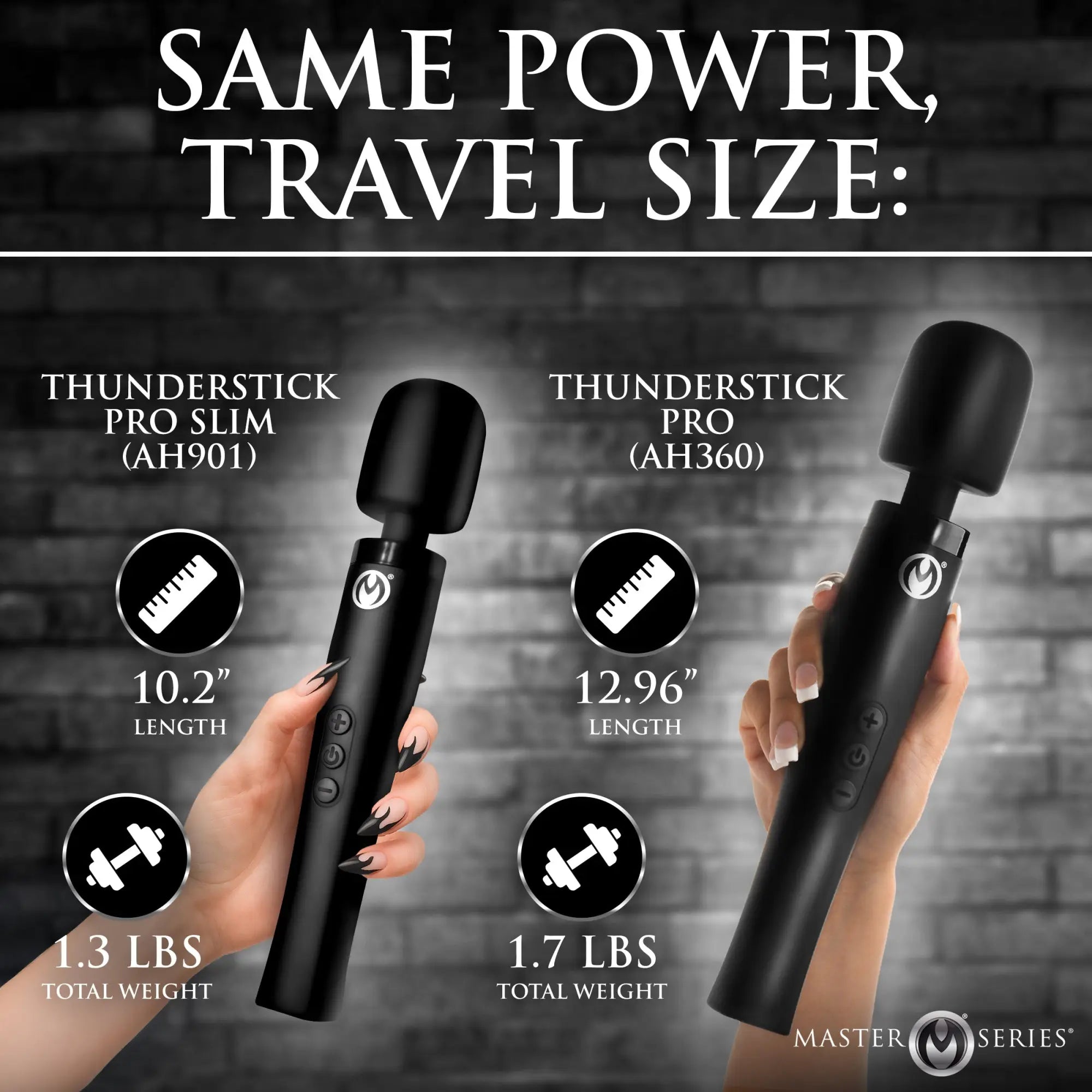 Comparison graphic showing the black Master Series Thunderstick Pro Slim (10.2”) next to the standard Thunderstick Pro.