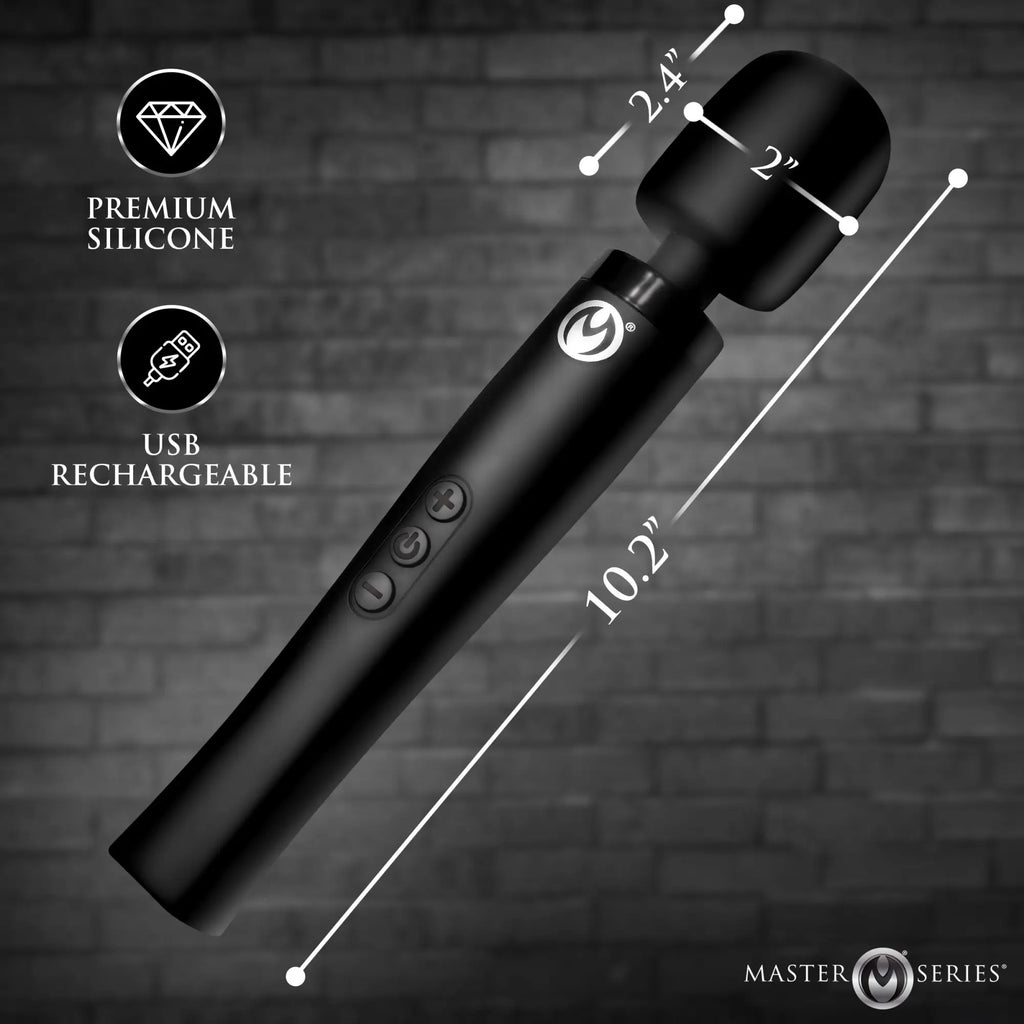 Master Series Thunderstick Pro Slim black silicone wand massager shown with dimensions and feature icons.