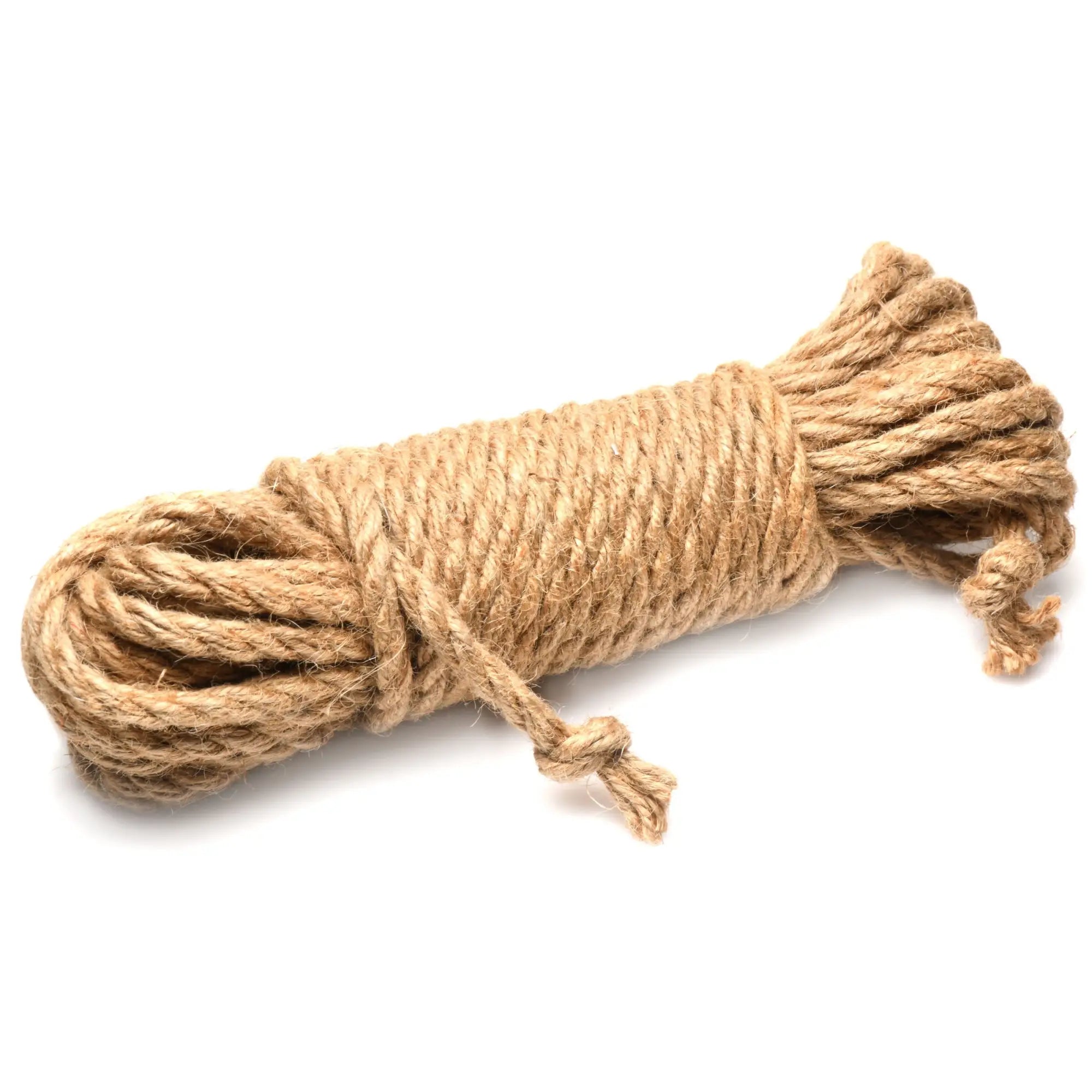 Master Series Tied Up Jute Bondage Rope: A coil of textured, natural brown fibrous rope isolated on white.