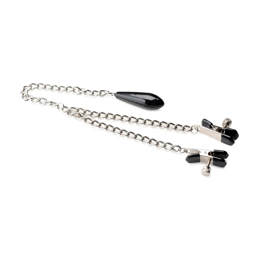 Master Series Titty Taunter nipple clamps with silver chains, black rubber-tipped clamps, and a weighted black bead.