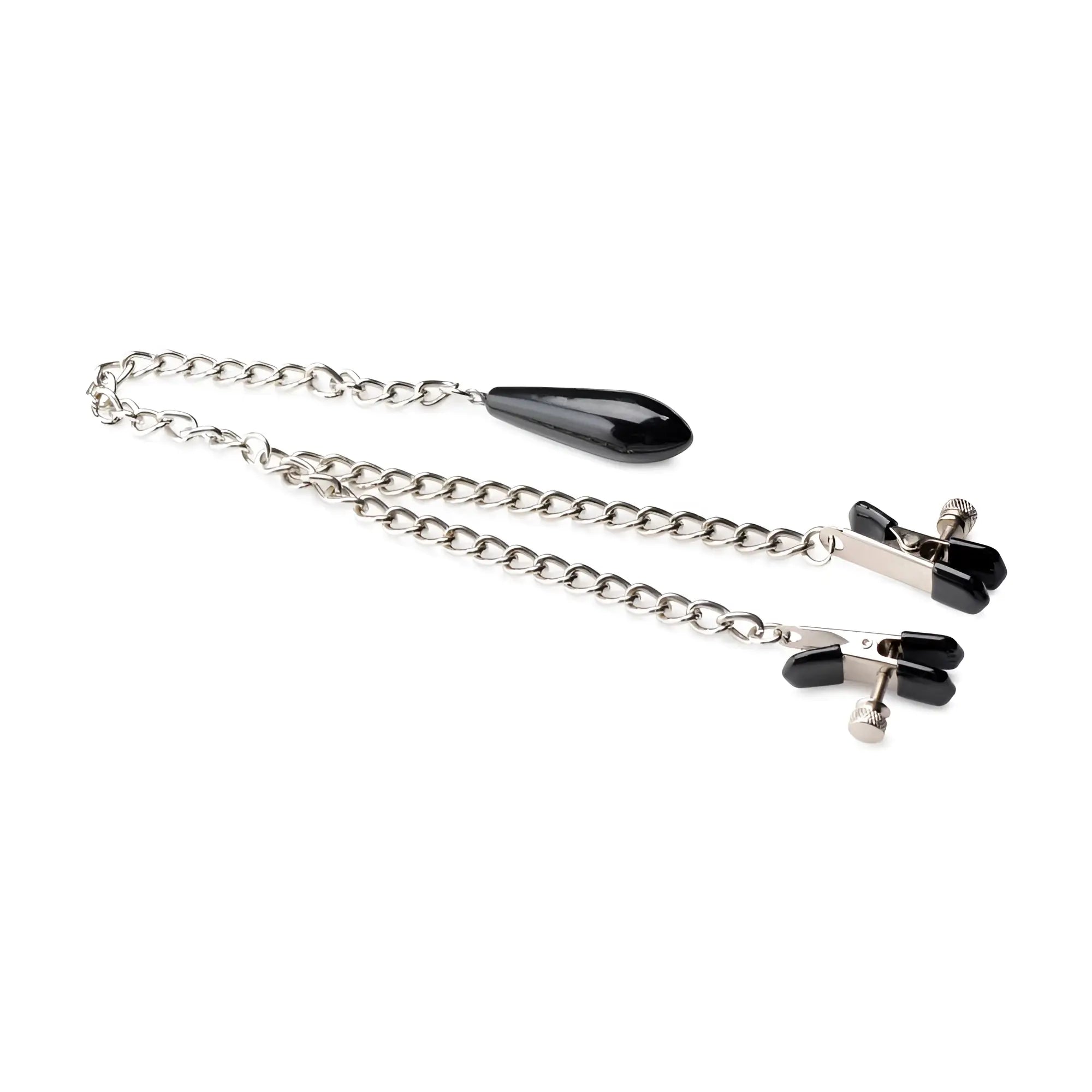 Master Series Titty Taunter nipple clamps with silver chains, black rubber-tipped clamps, and a weighted black bead.