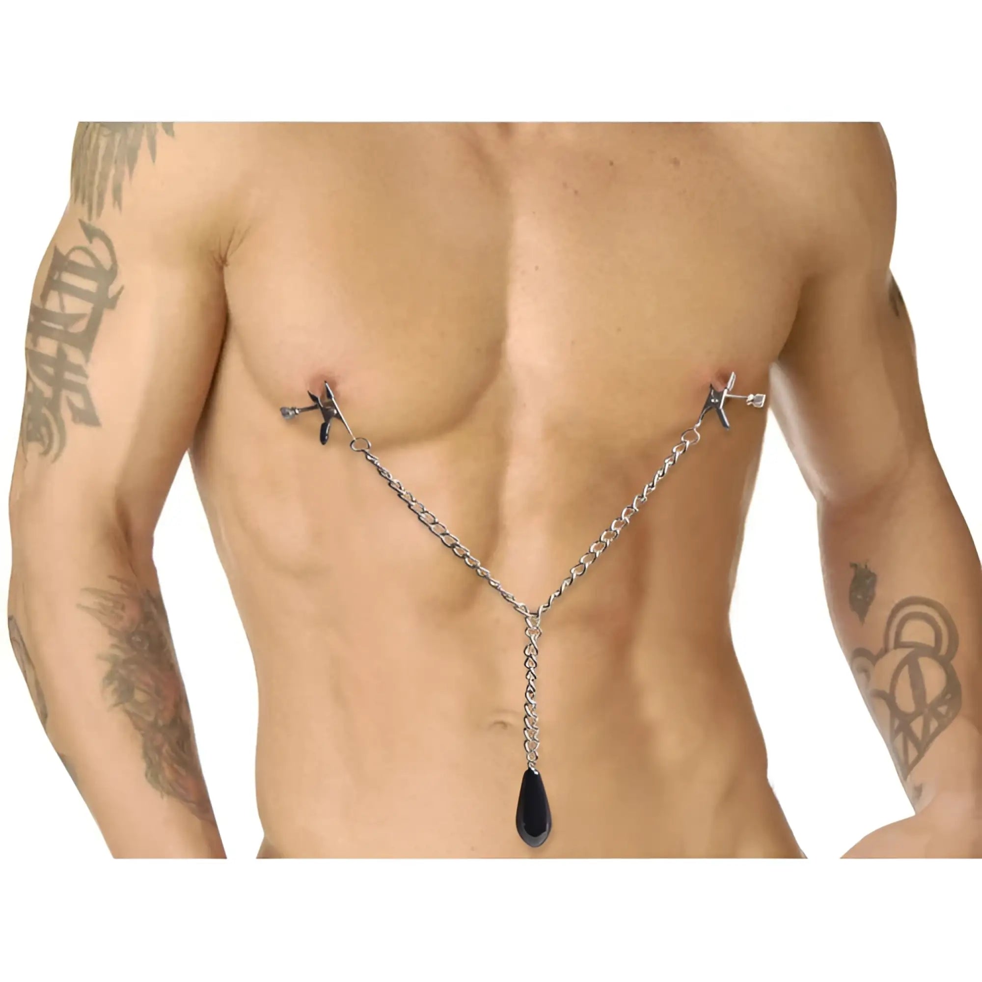 Master Series Titty Taunter Nipple Clamps: silver metal clamps connected by a silver chain to a single black weighted bead.