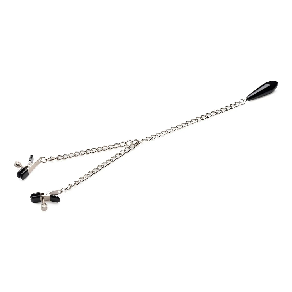 Master Series Titty Taunter nipple clamps with black-tipped metal clips, silver chains, and a black weighted bead.
