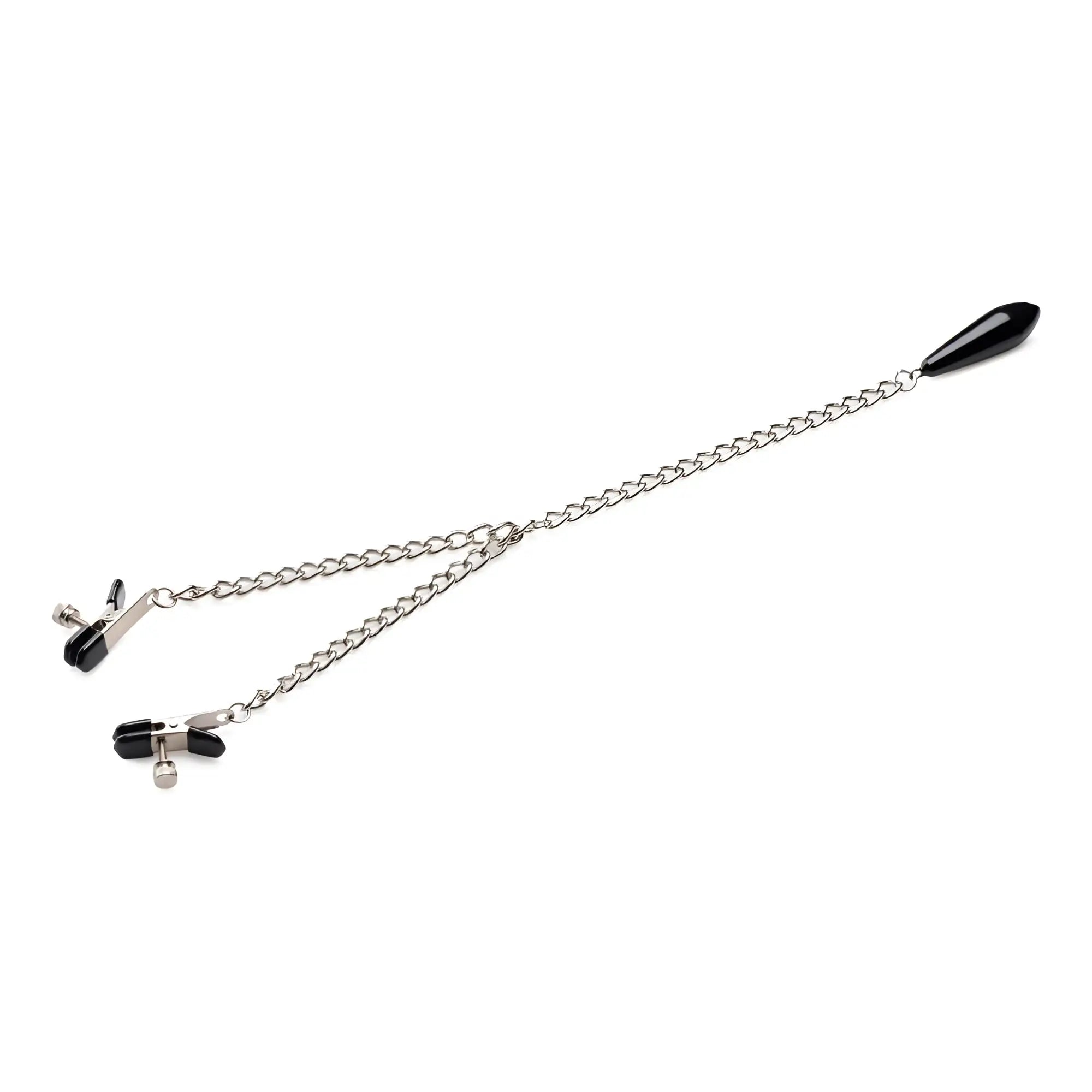 Master Series Titty Taunter nipple clamps with black-tipped metal clips, silver chains, and a black weighted bead.