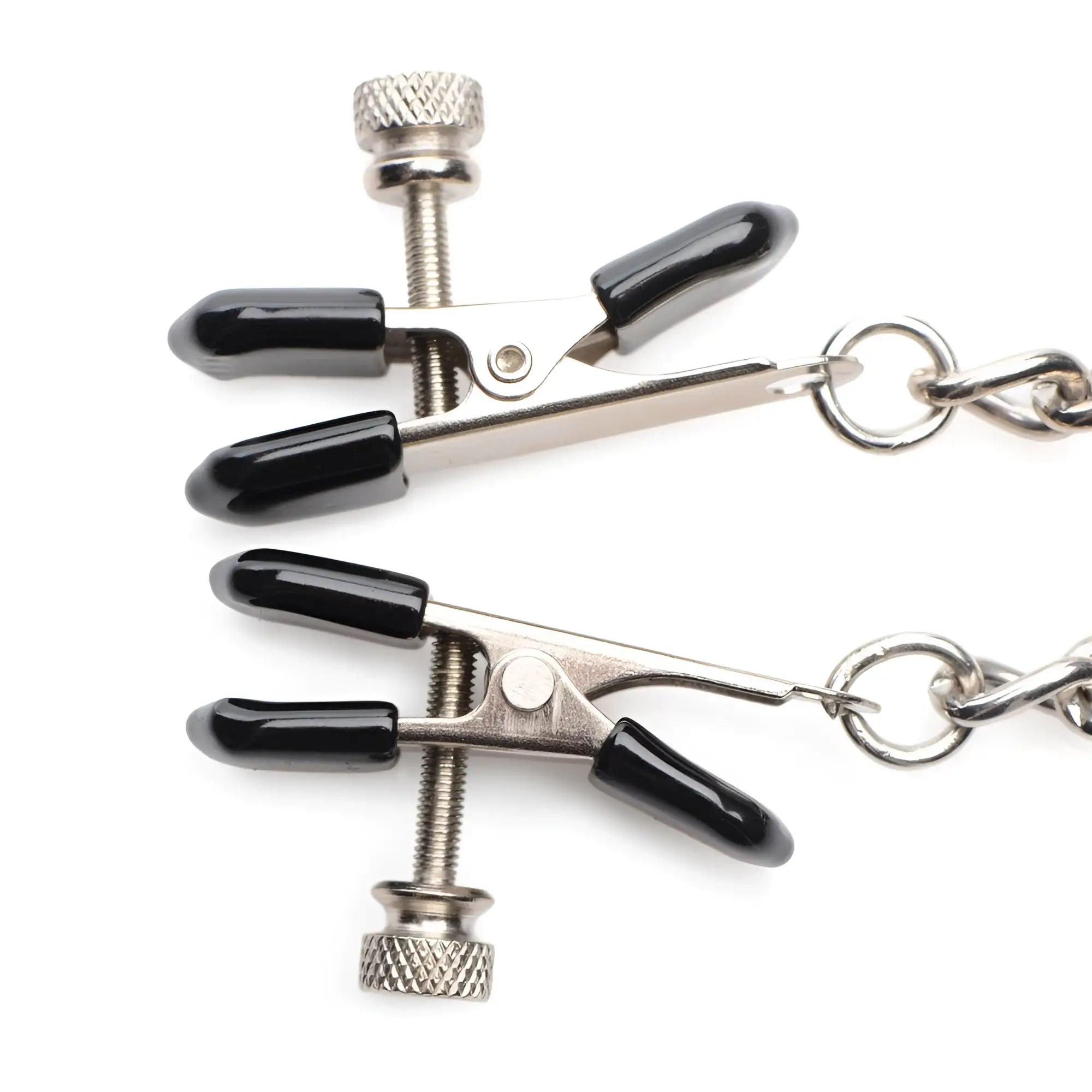 Master Series Titty Taunter nipple clamps: two silver metal clips with adjustable tension screws and black silicone tips.