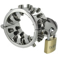 Master Series Toms Sharp Spikes CBT tool: a hinged, chrome-finished ring lined with internal spikes, secured by a lock.
