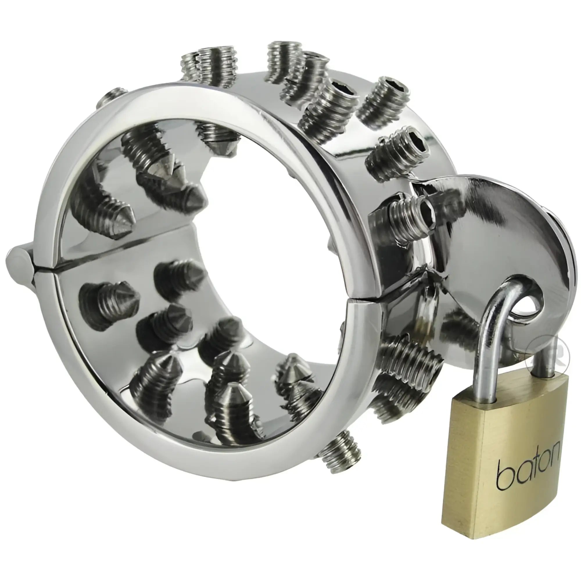 Master Series Toms Sharp Spikes CBT tool: a hinged, chrome-finished ring lined with internal spikes, secured by a lock.