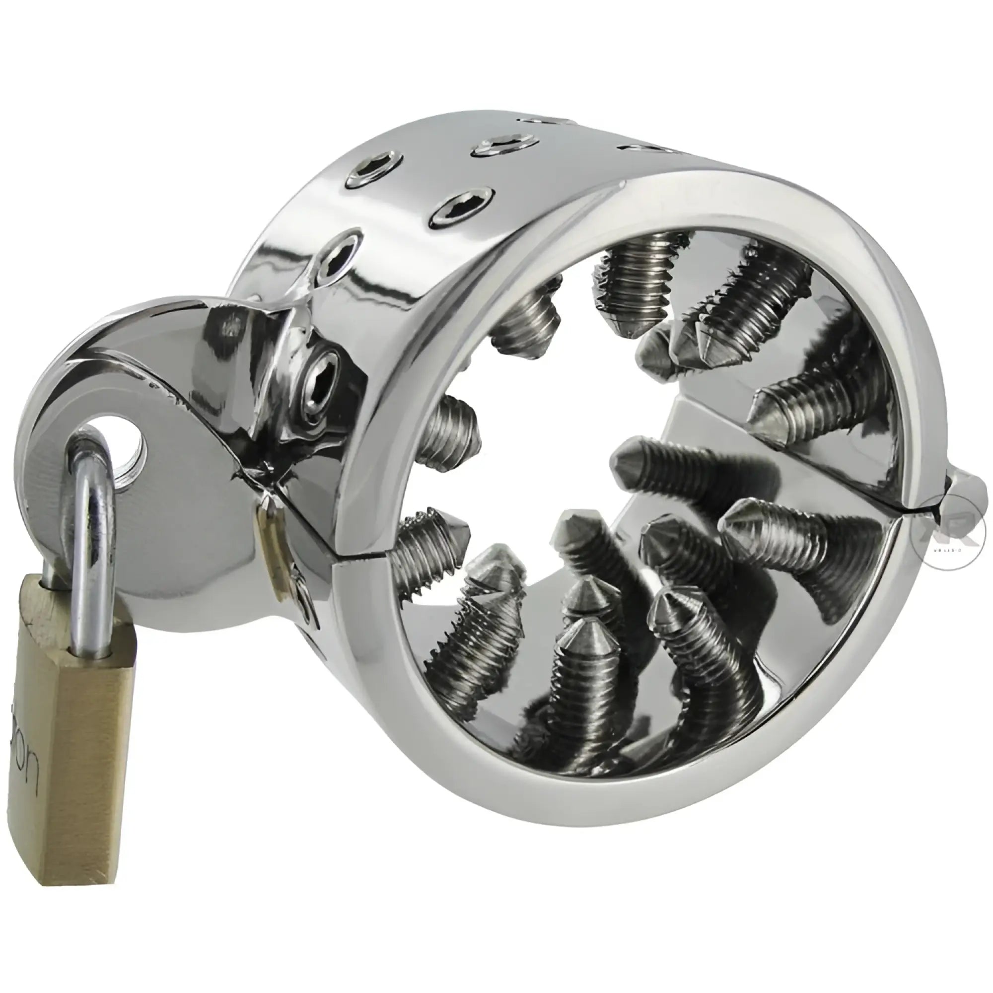 Master Series Toms Sharp Spikes CBT tool: a chrome-plated locking ring with internal, pointed spikes and a small padlock.