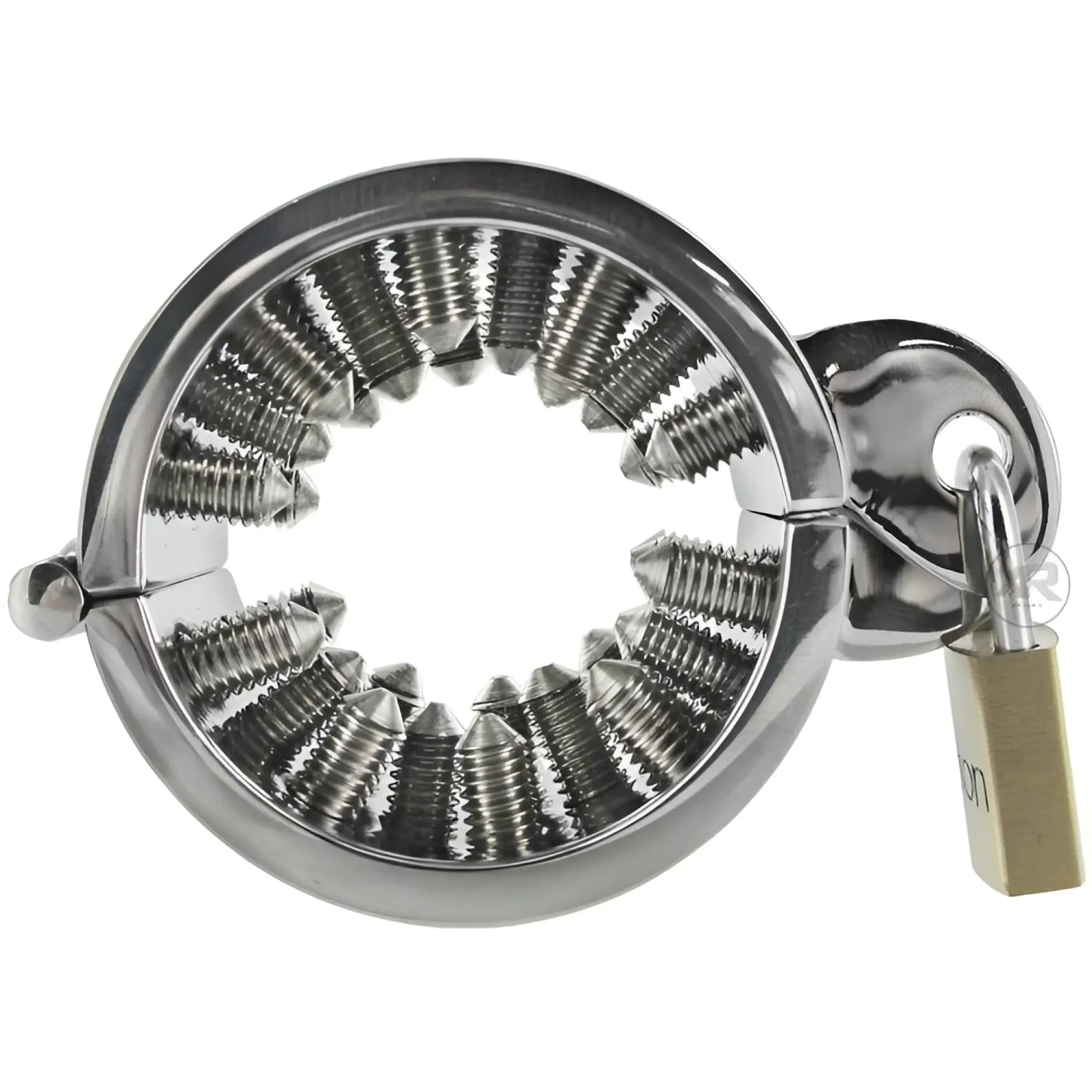 Master Series Toms Sharp Spikes CBT tool: a hinged, chrome-finished ring lined with inward-facing, threaded metal spikes.