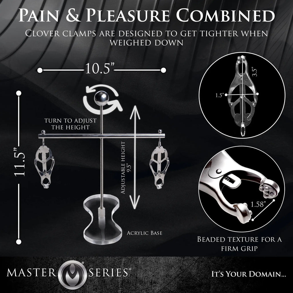 Master Series Tower of Pain: A silver-toned adjustable stand with two clover clamps featuring beaded grip texture.
