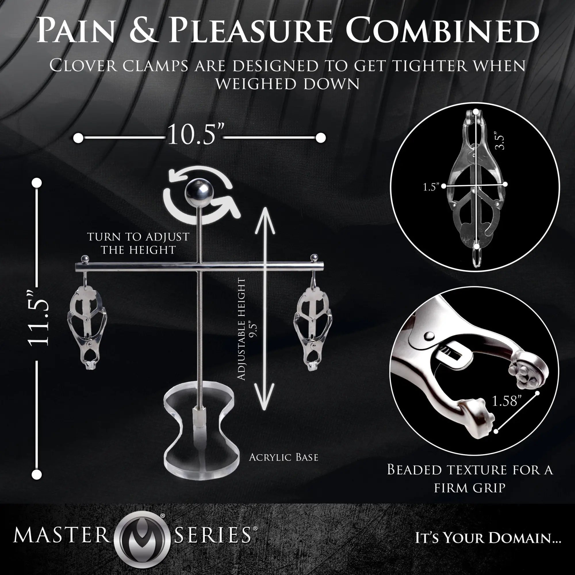 Master Series Tower of Pain: A silver-toned adjustable stand with two clover clamps featuring beaded grip texture.