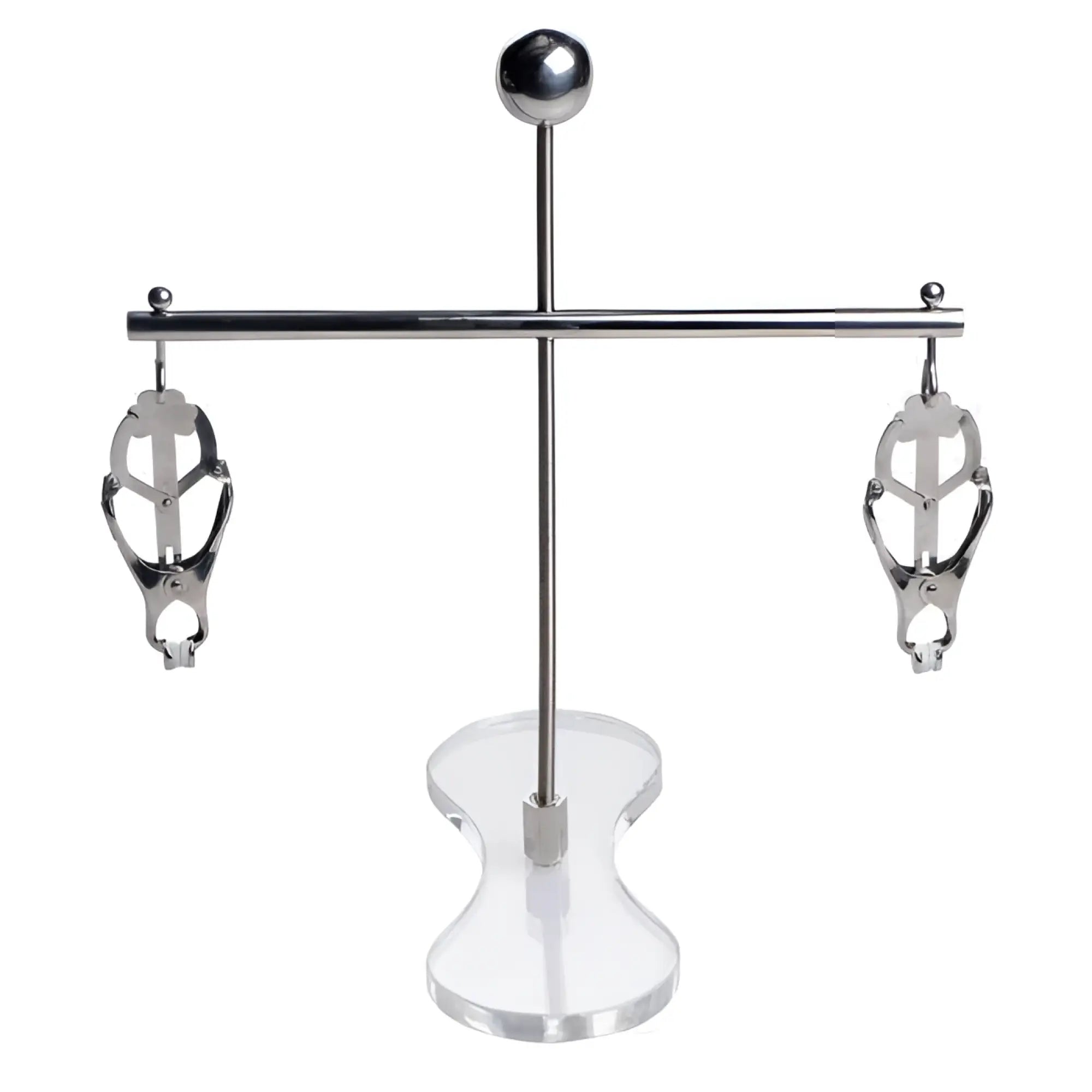 Master Series Tower of Pain: A chrome-finished metal stand holding two adjustable nipple clamps on a clear acrylic base.