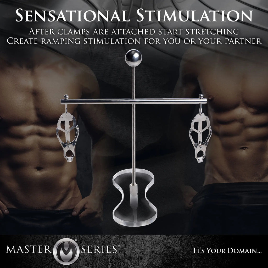 Master Series Tower of Pain: A chrome metal stretching device with two adjustable clamps on a vertical stand.