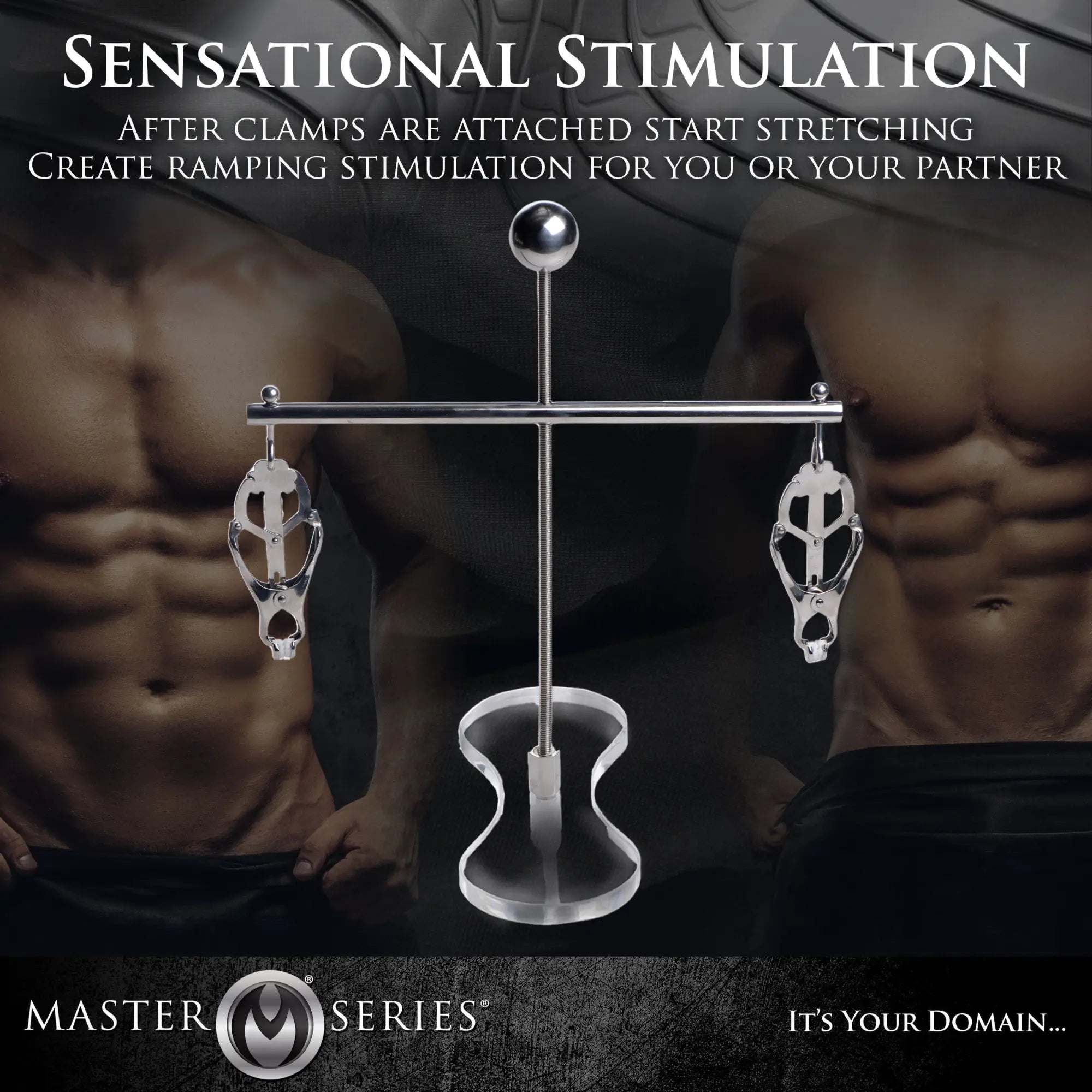 Master Series Tower of Pain: A chrome metal stretching device with two adjustable clamps on a vertical stand.
