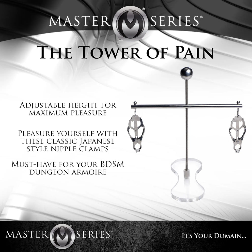 Master Series Tower of Pain: A silver-toned adjustable height stand with two hanging metal nipple clamps.