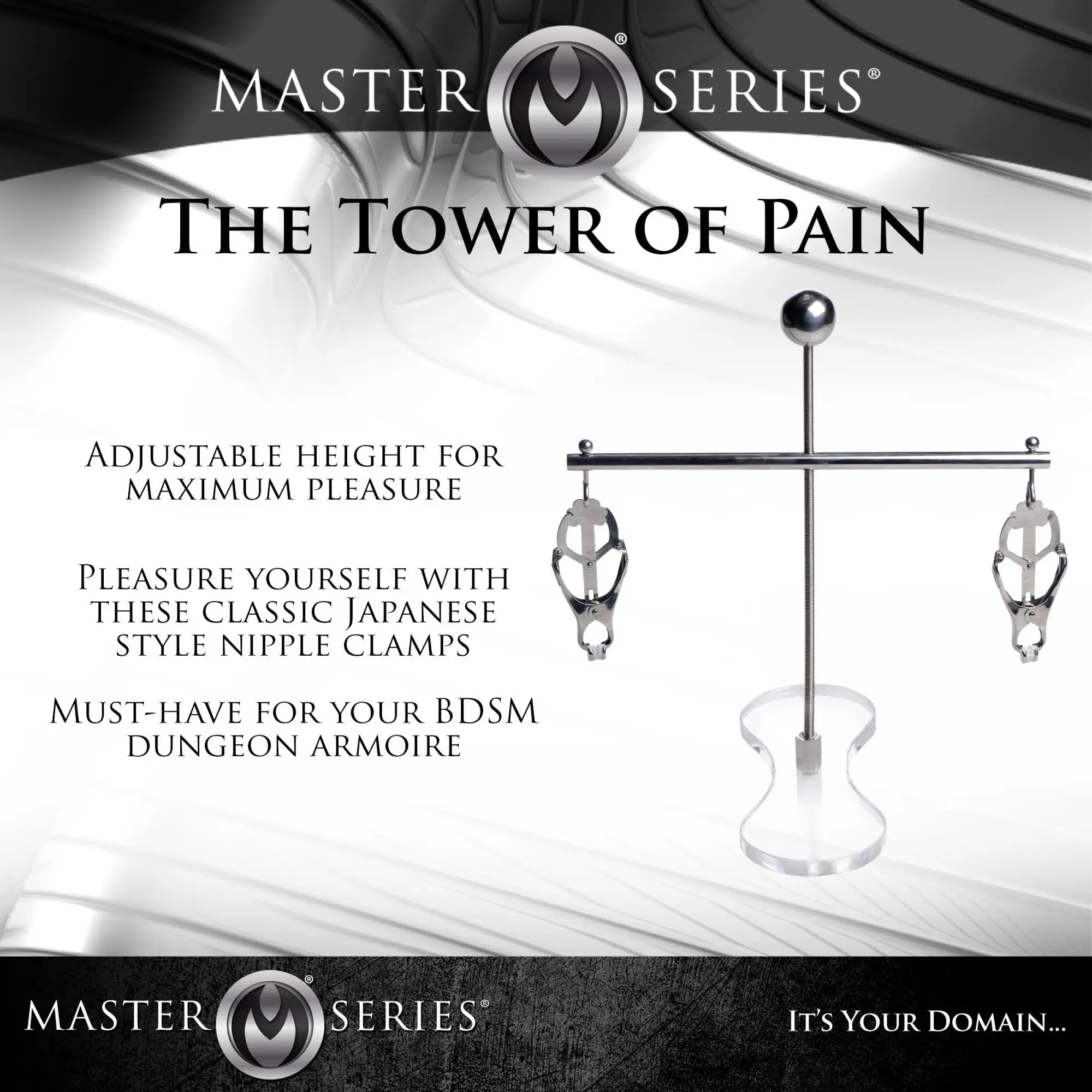 Master Series Tower of Pain: A silver-toned adjustable height stand with two hanging metal nipple clamps.