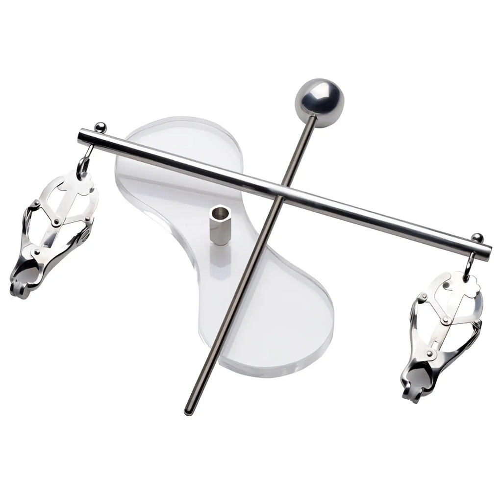 Master Series Tower of Pain: silver metal balance bar with two adjustable clamps, mounted on a clear acrylic base.