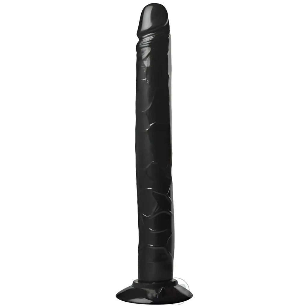 Master Series Tower of Pleasure black dildo with realistic texture and a suction cup base, isolated on white background.
