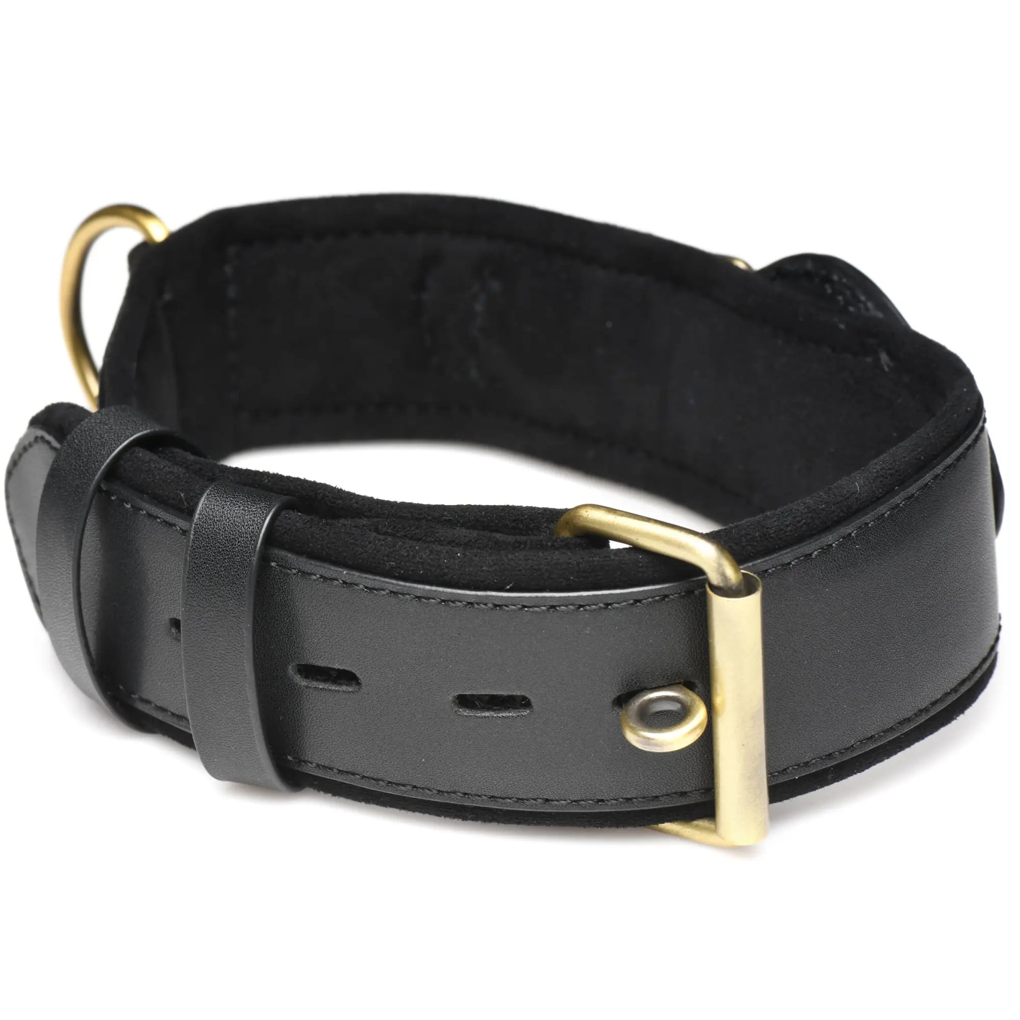 Master Series Tracer Tracking Collar: black leather collar with soft interior lining and antique brass hardware.