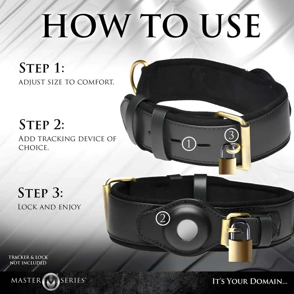 Master Series Tracer Tracking Collar instructions showing a black leather collar with brass hardware and tracker mount.