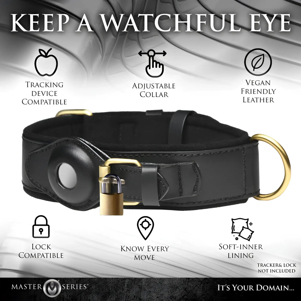 Master Series Tracer Tracking Collar: A black vegan leather collar with gold hardware, a tracker mount, and padlock.