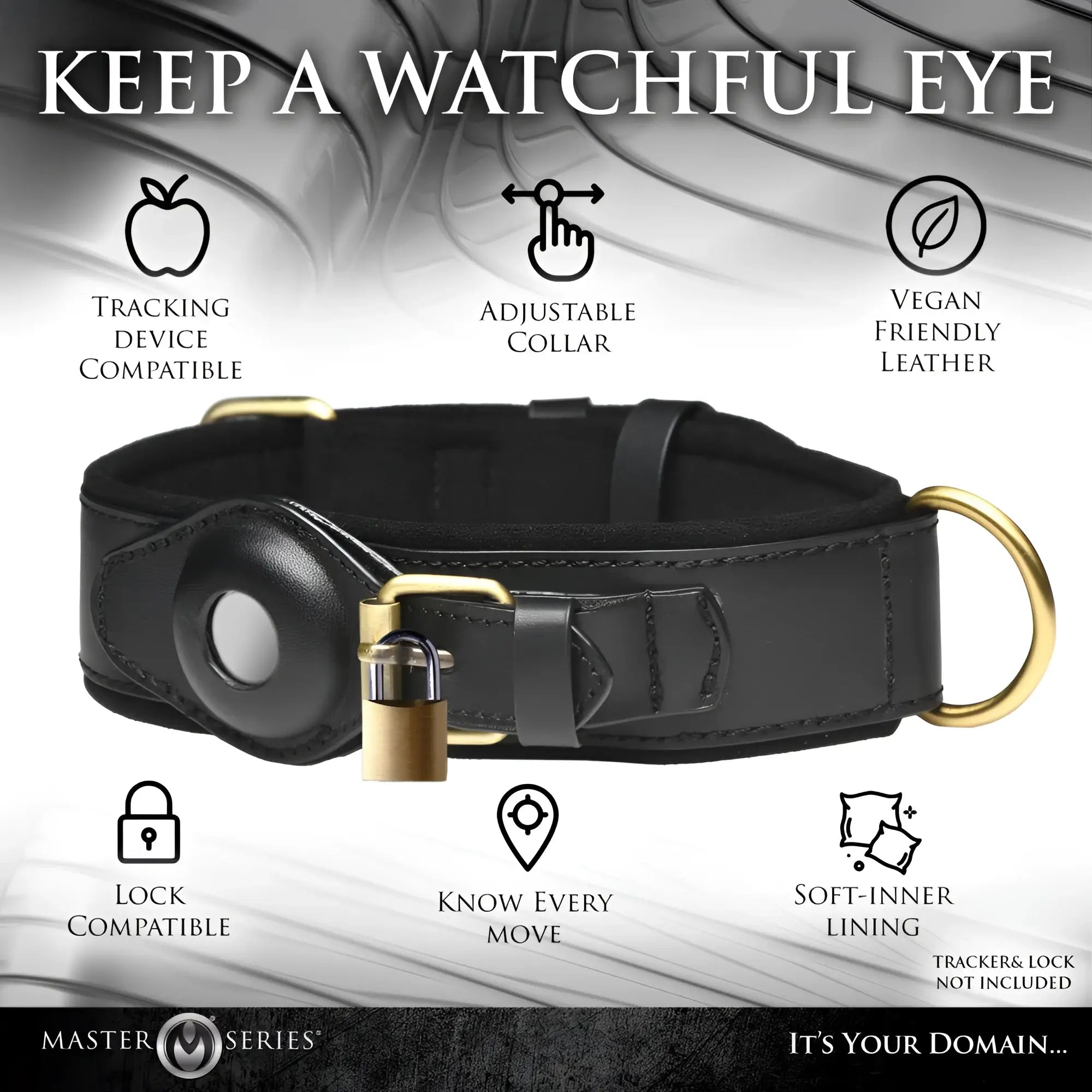 Master Series Tracer Tracking Collar: A black vegan leather collar with gold hardware, a tracker mount, and padlock.