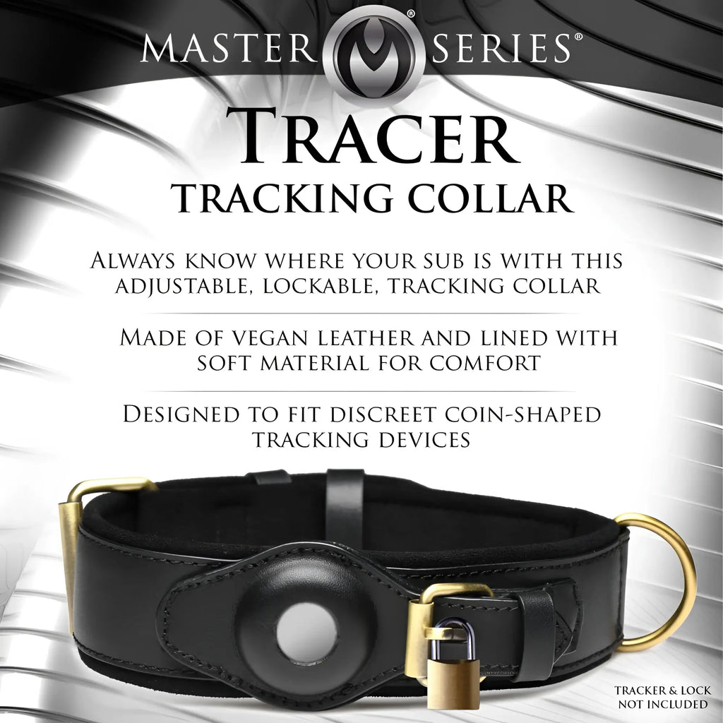 Master Series Tracer Tracking Collar in black vegan leather with brass hardware and a slot for a tracking device.