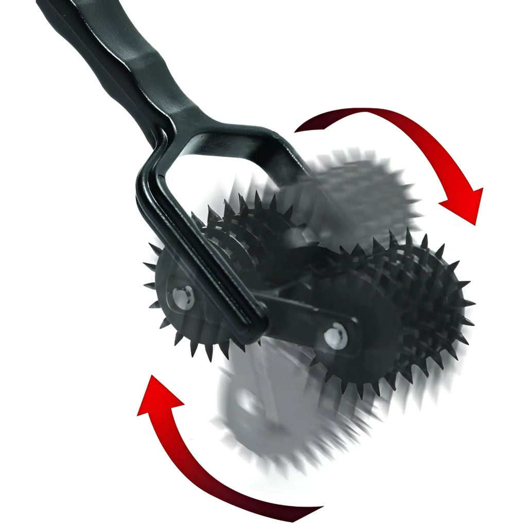 Master Series Transfix 10 Reel Dual Pinwheel with black spiked wheels and red arrows indicating motion.