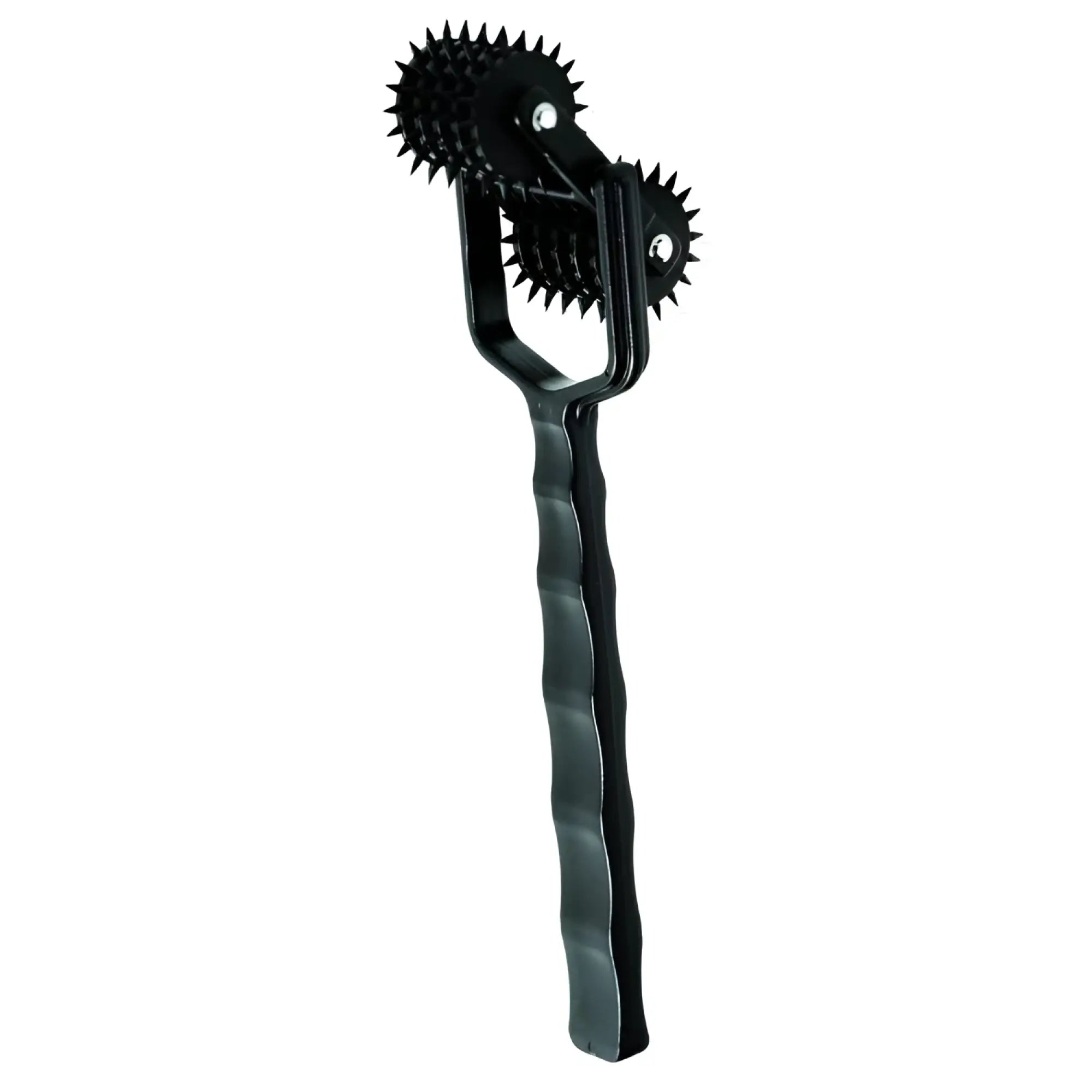 Master Series Transfix 10 Reel: black handheld sensory tool with two spiked, rotating pinwheel rollers on a wavy handle.