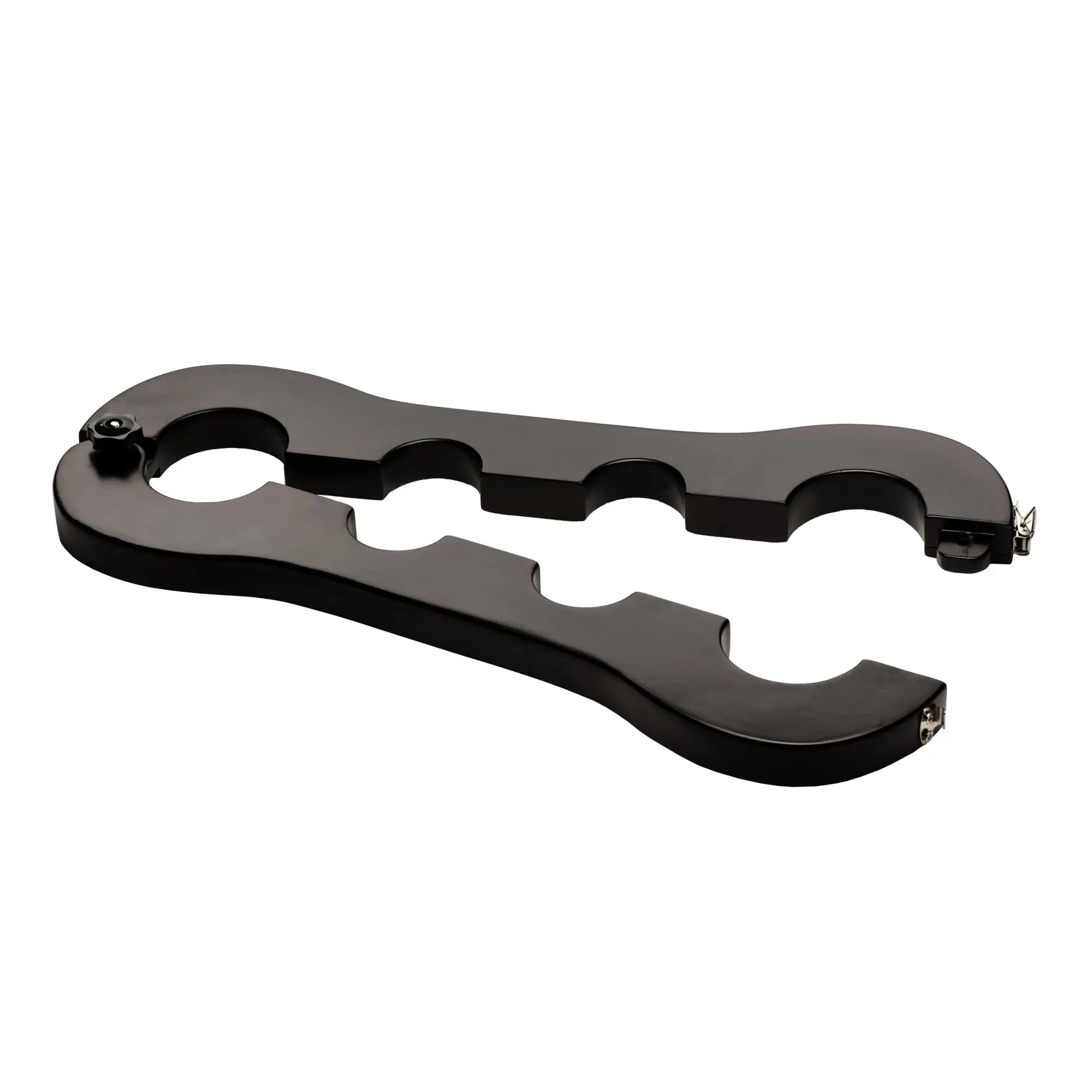 Master Series Trapped Wrist & Ankle Stocks: A sleek, black, hinged wooden restraint device with cutout openings.