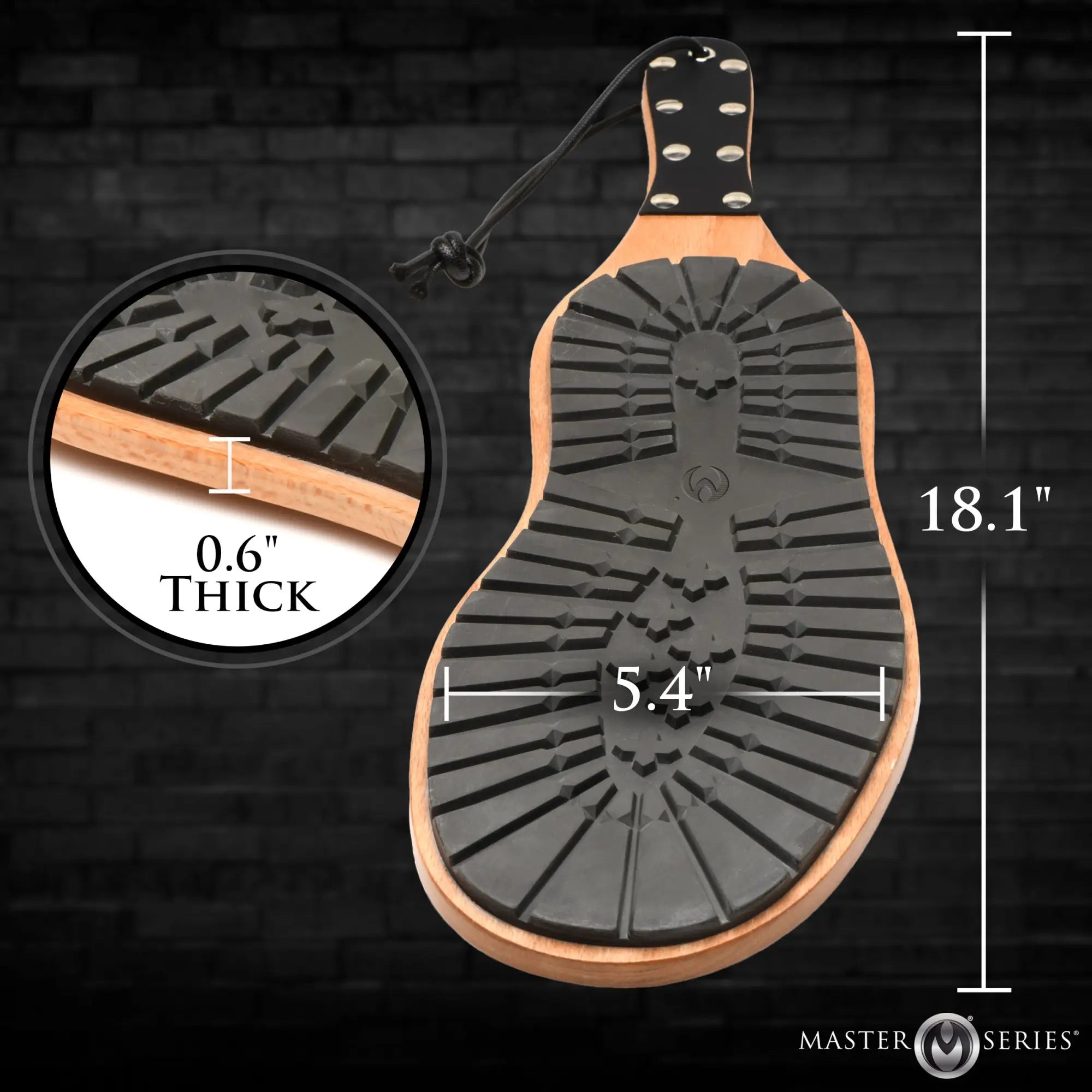 Master Series Tread Boot Paddle with wood handle, black rubber boot-tread surface, and dimension labels.