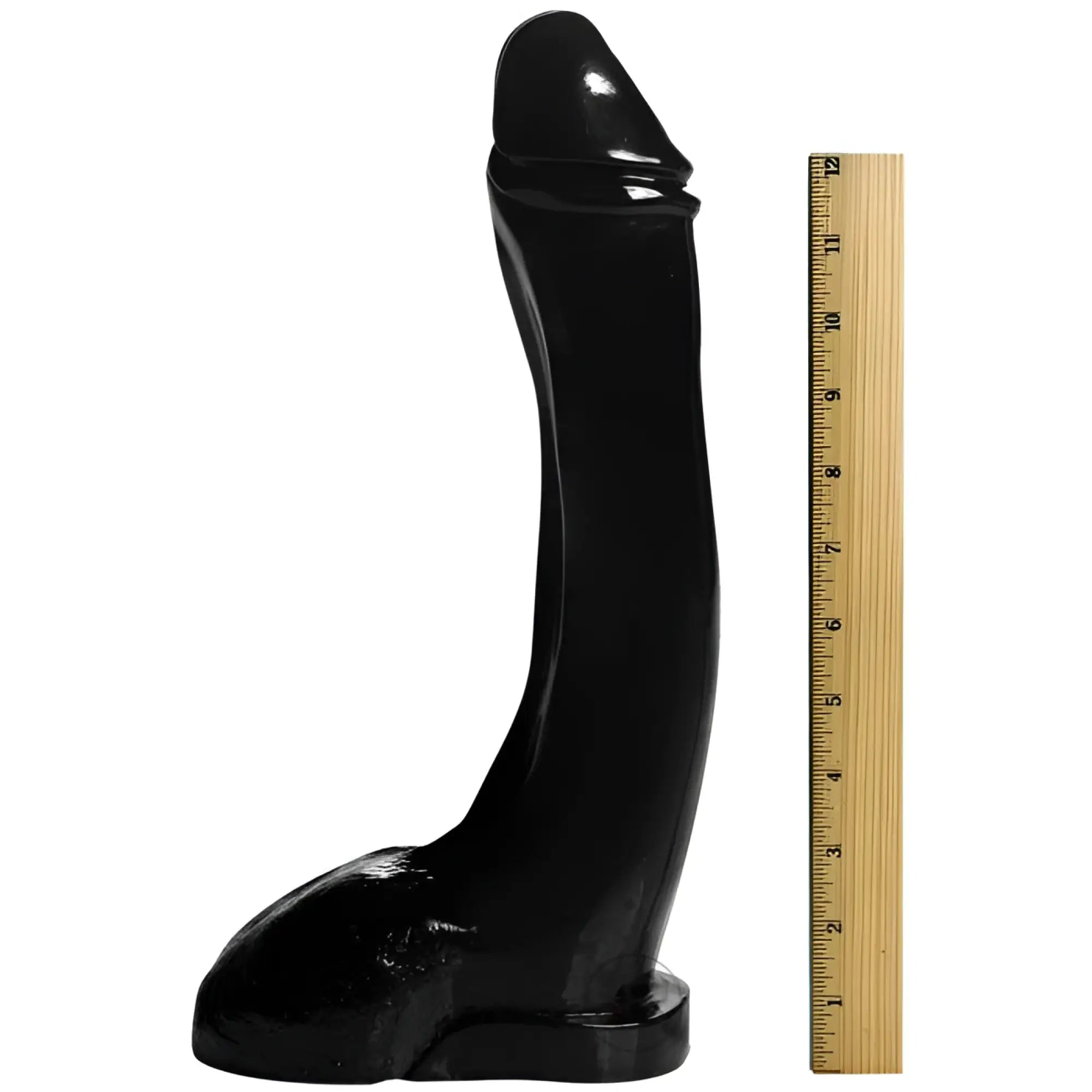 Master Series Tremendous Trevor dildo: a large, black, realistic penis-shaped dildo shown next to a 12-inch ruler.