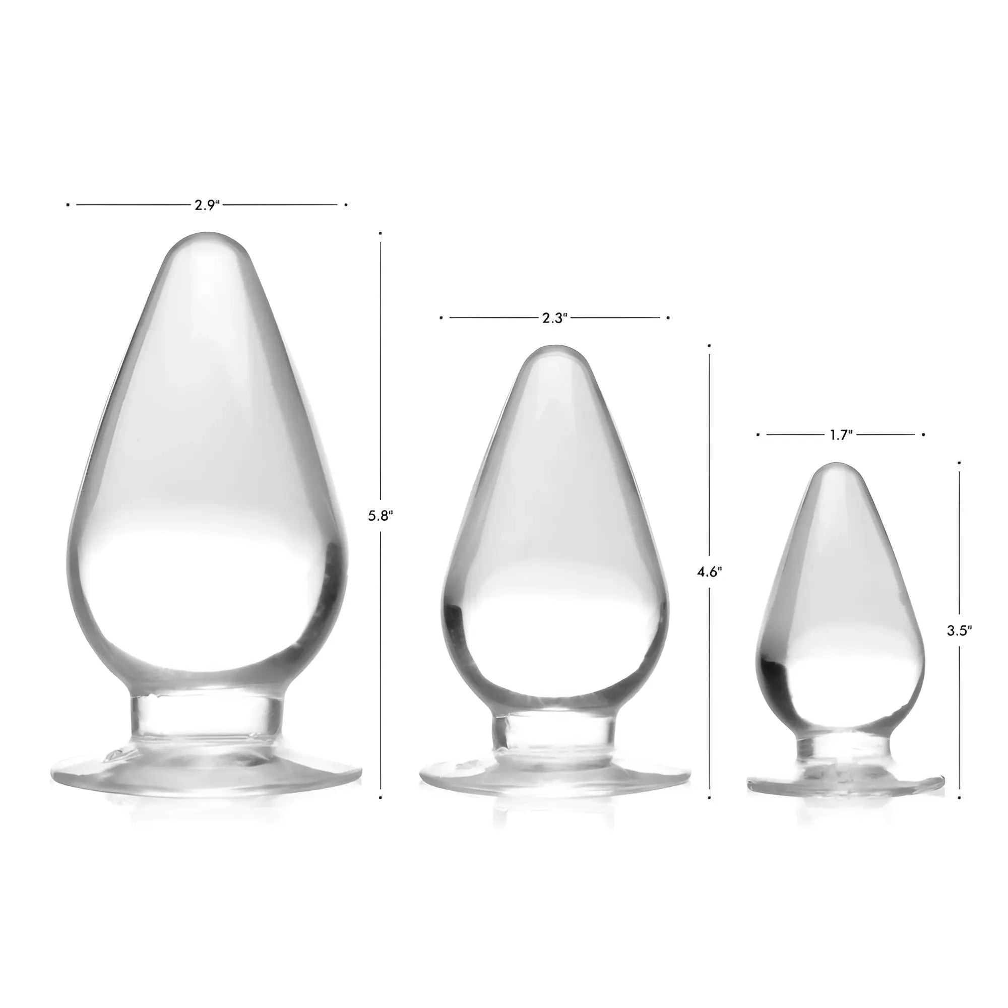 Master Series Triple Cones 3-piece clear glass anal plug set, showing sizes 3.5, 4.6, and 5.8 inches with base stands.