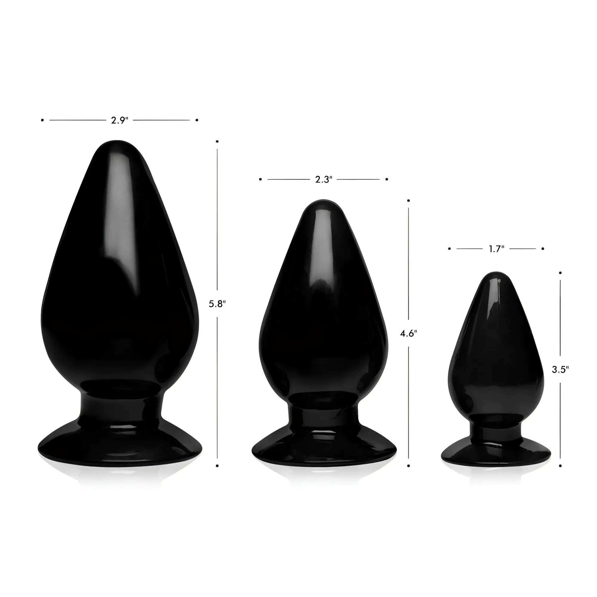 Master Series Triple Cones 3-piece set: three smooth, black, tapered anal plugs shown with height and width dimensions.