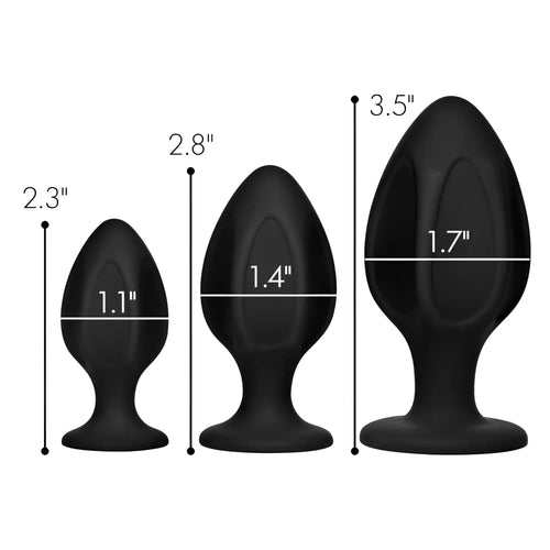 Master Series Triple Juicers set: three black silicone anal plugs of increasing sizes with labeled height and width.