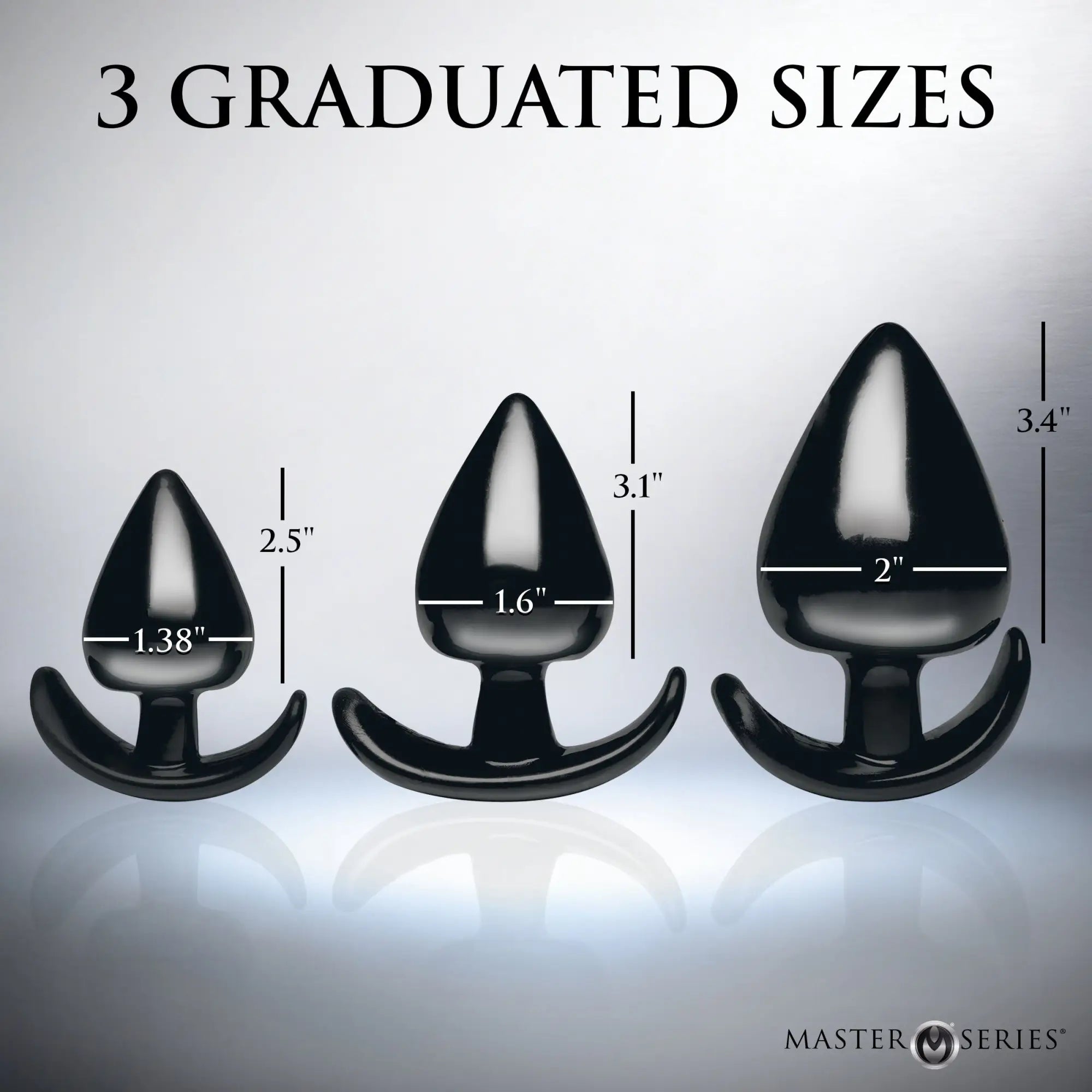 Master Series Triple Spades 3-piece anal plug set: three smooth, black, spade-shaped plugs in graduated sizes.