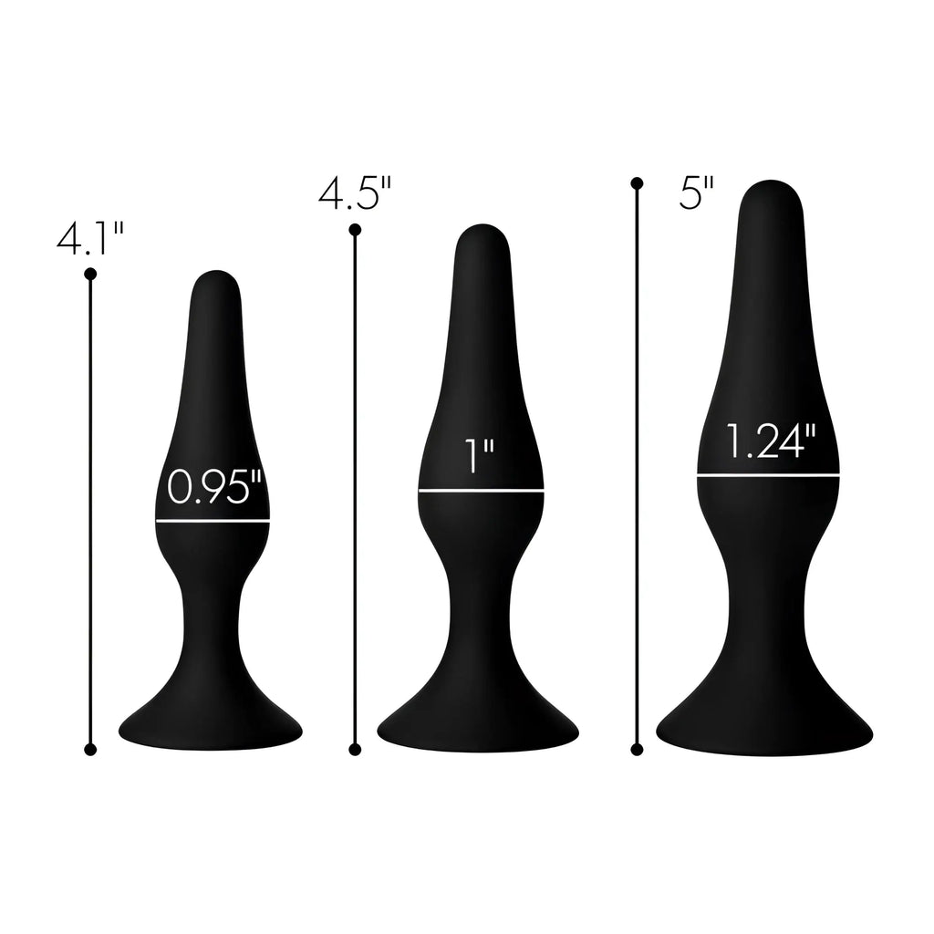 Master Series Triple Spire Silicone Anal Trainer set: three black, tapered plugs with height and width measurements.
