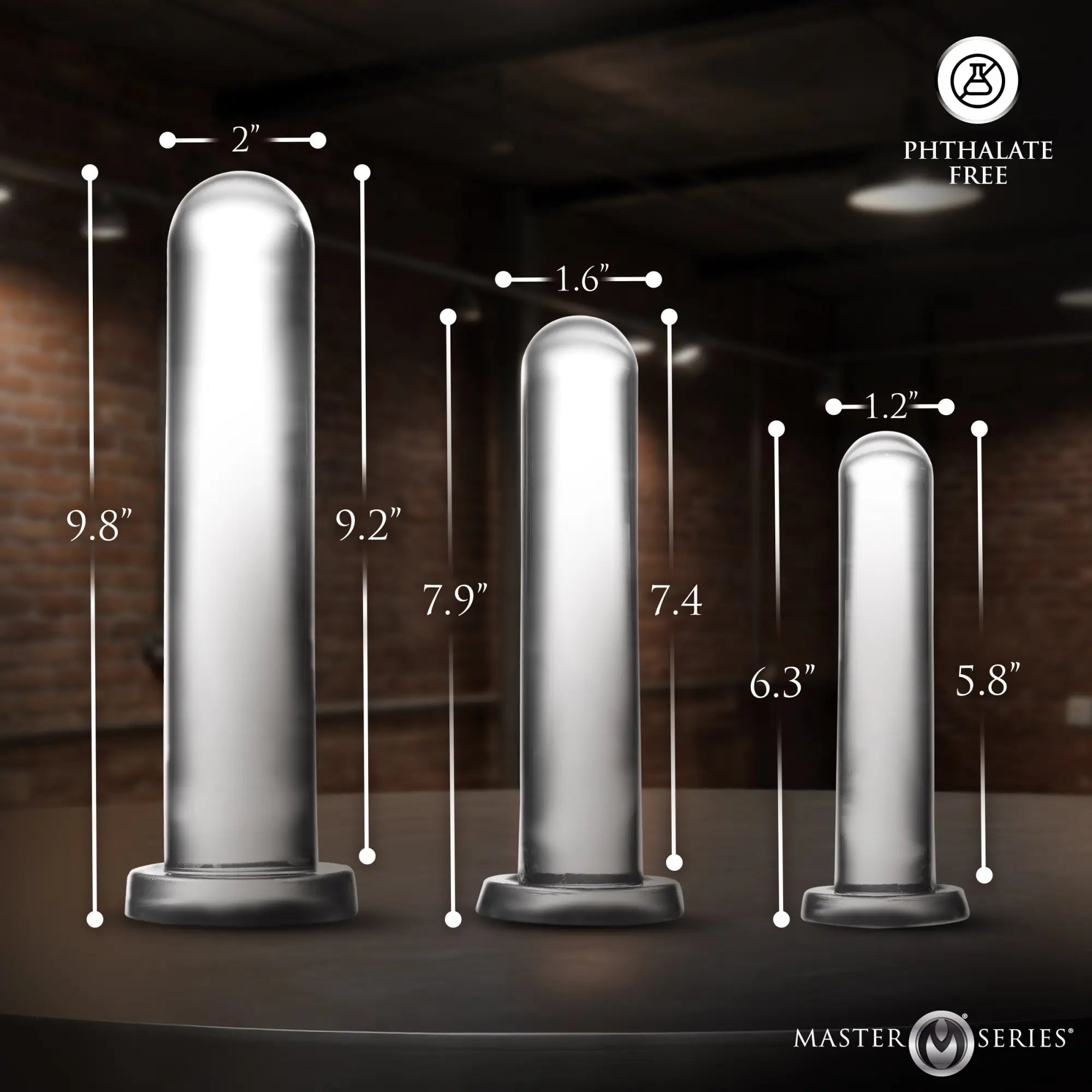 Master Series Triple Towers: Three clear, smooth cylindrical dilators of varying sizes with marked dimensions.