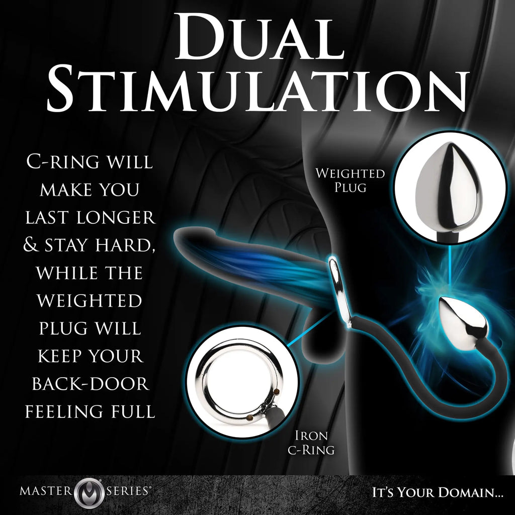 Master Series Tug and Plug: silver metal C-ring connected by a black tether to a shiny, weighted anal plug.