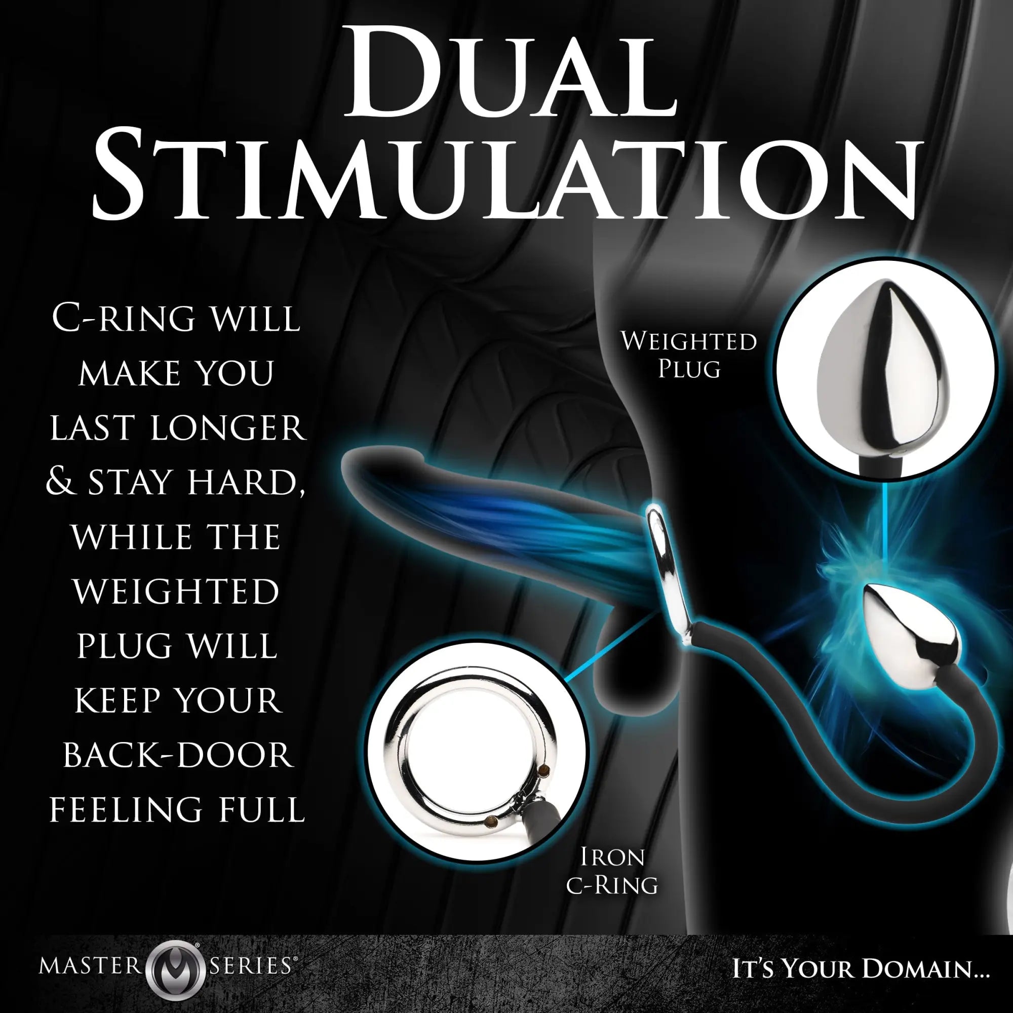 Master Series Tug and Plug: silver metal C-ring connected by a black tether to a shiny, weighted anal plug.